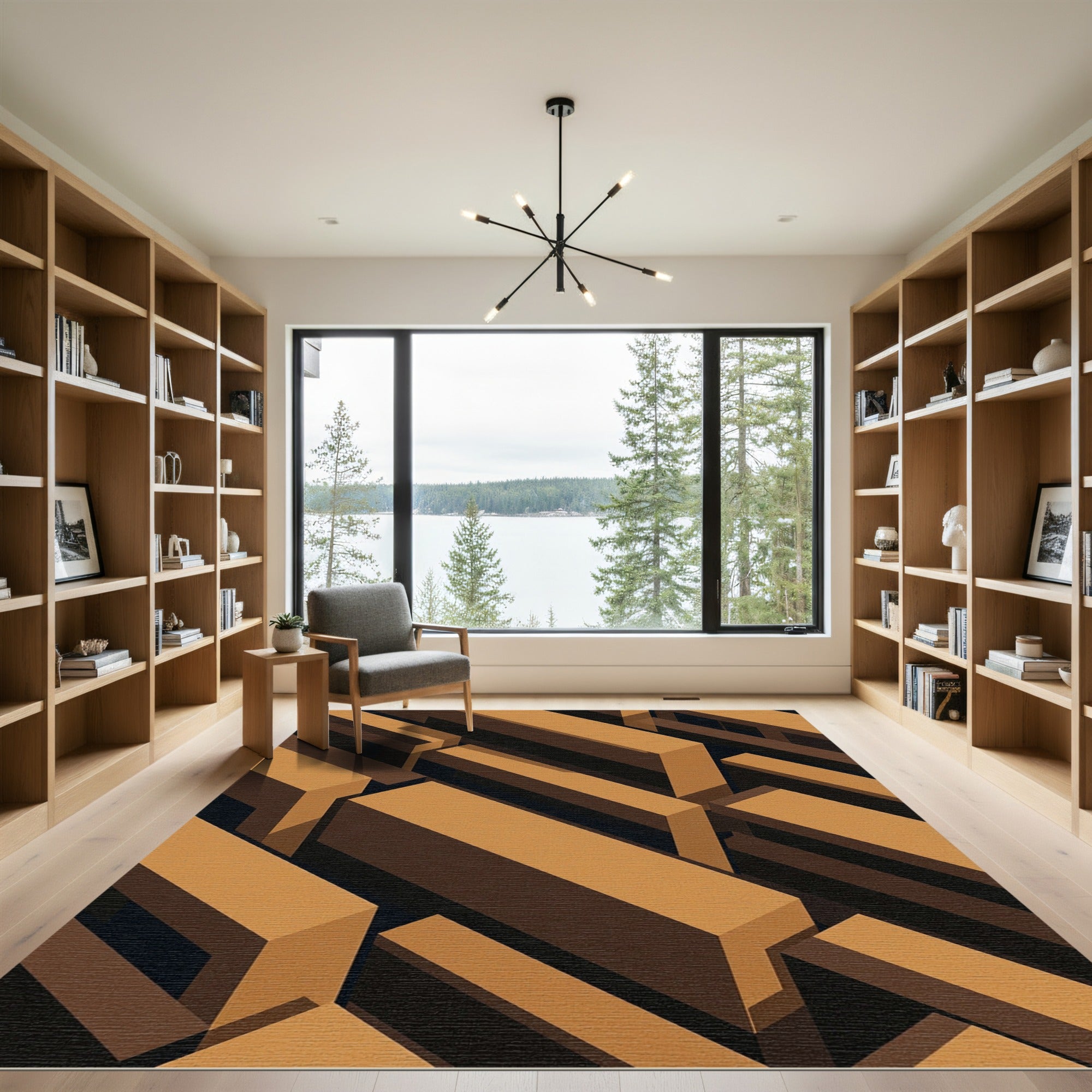 Modern Isometric Golden Brown Block Rug
