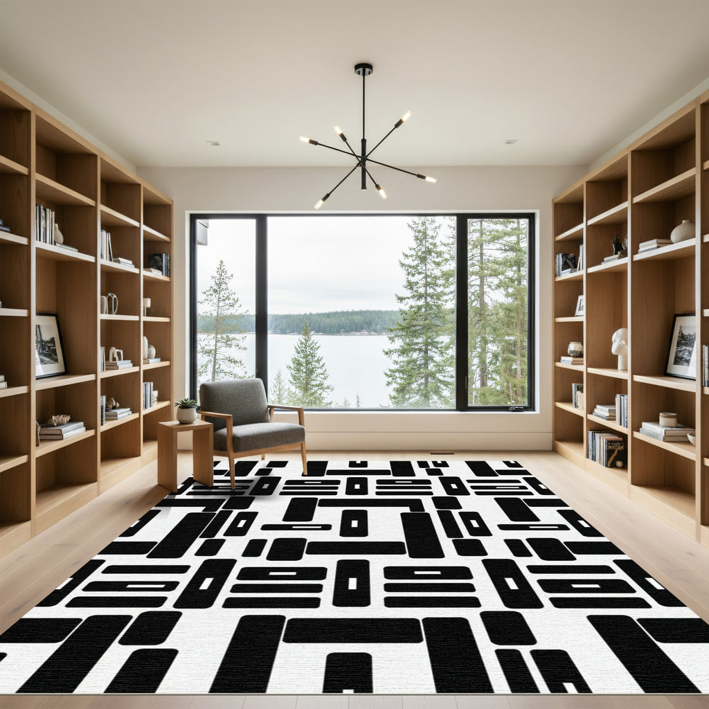 Bold Black Geometric Fragment Composition Rug