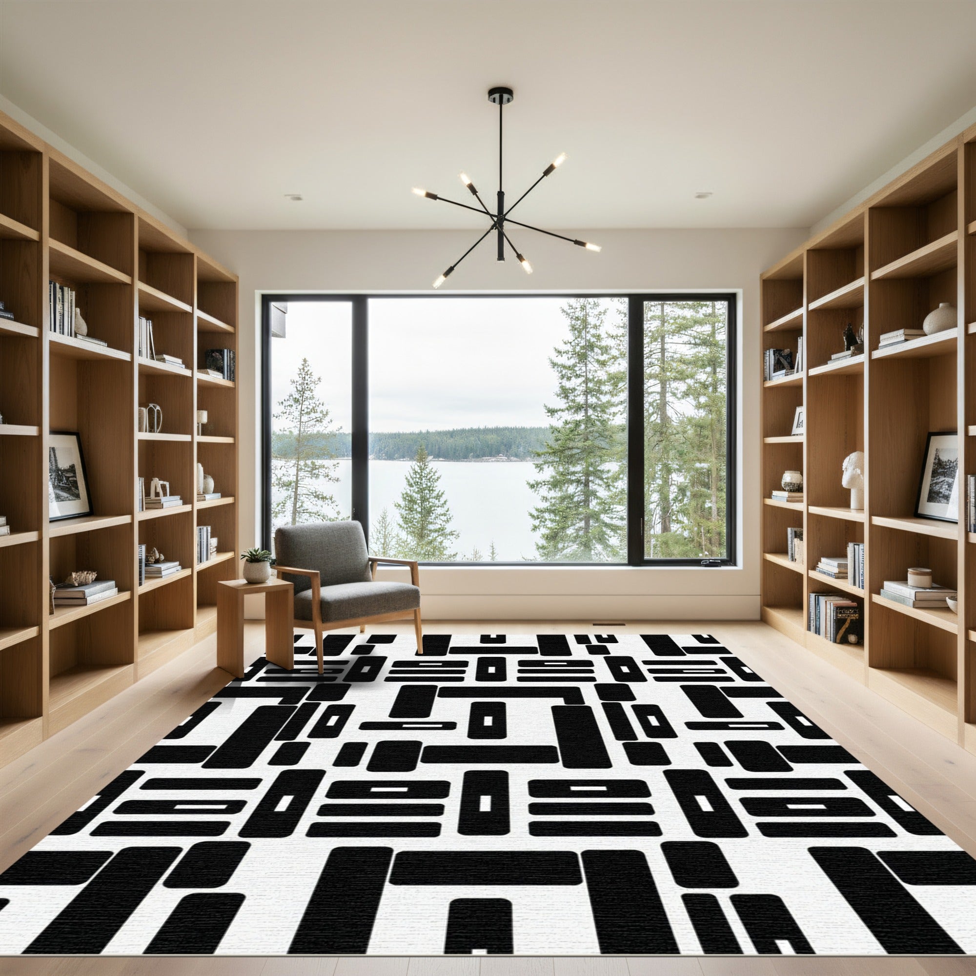 Bold Black Geometric Fragment Composition Rug