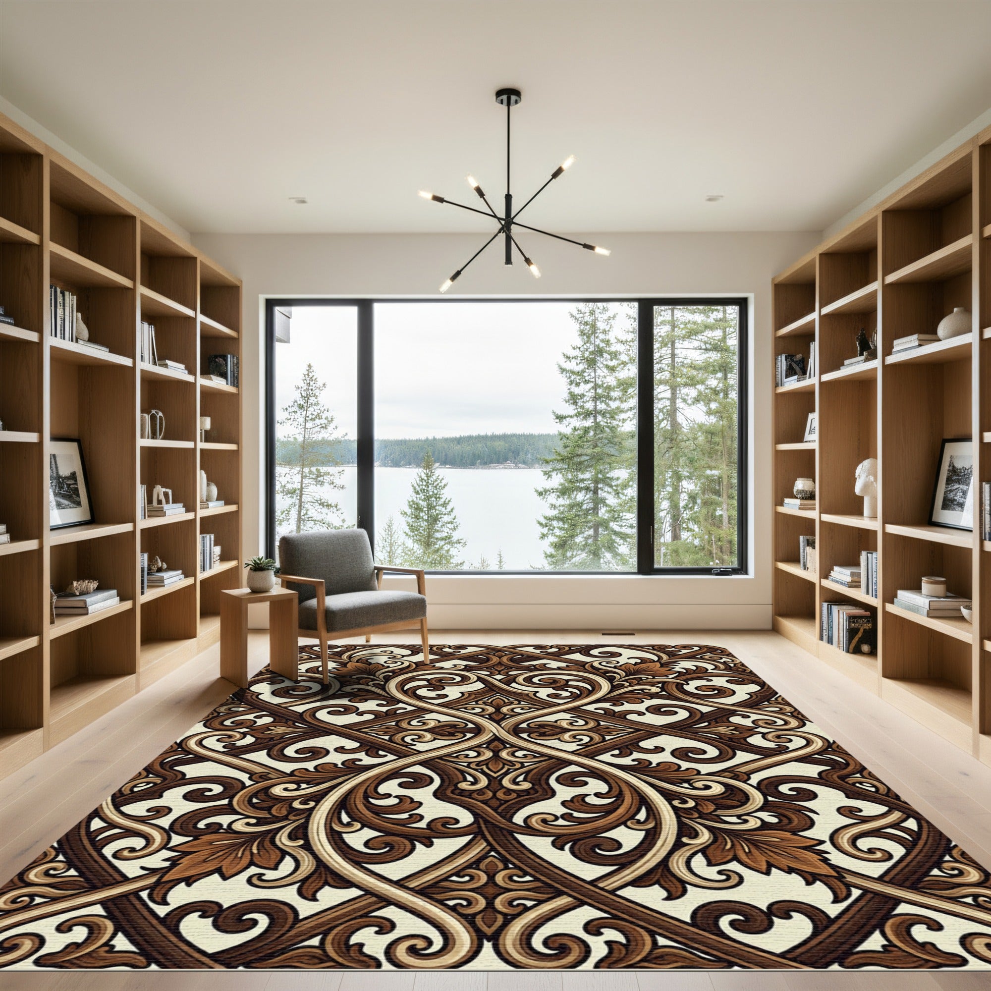 Rich Brown Wood Carving Swirls Rug
