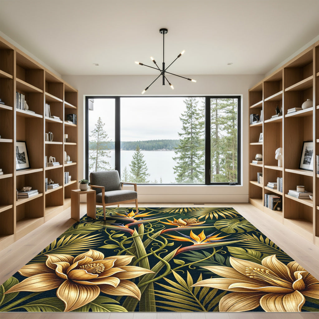 Lush Golden Tropical Bird of Paradise Rug