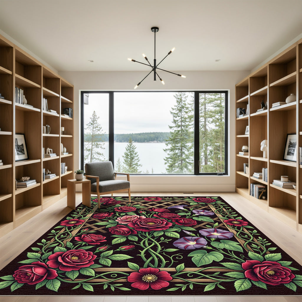 Enchanting Crimson Rose and Morning Glory Rug