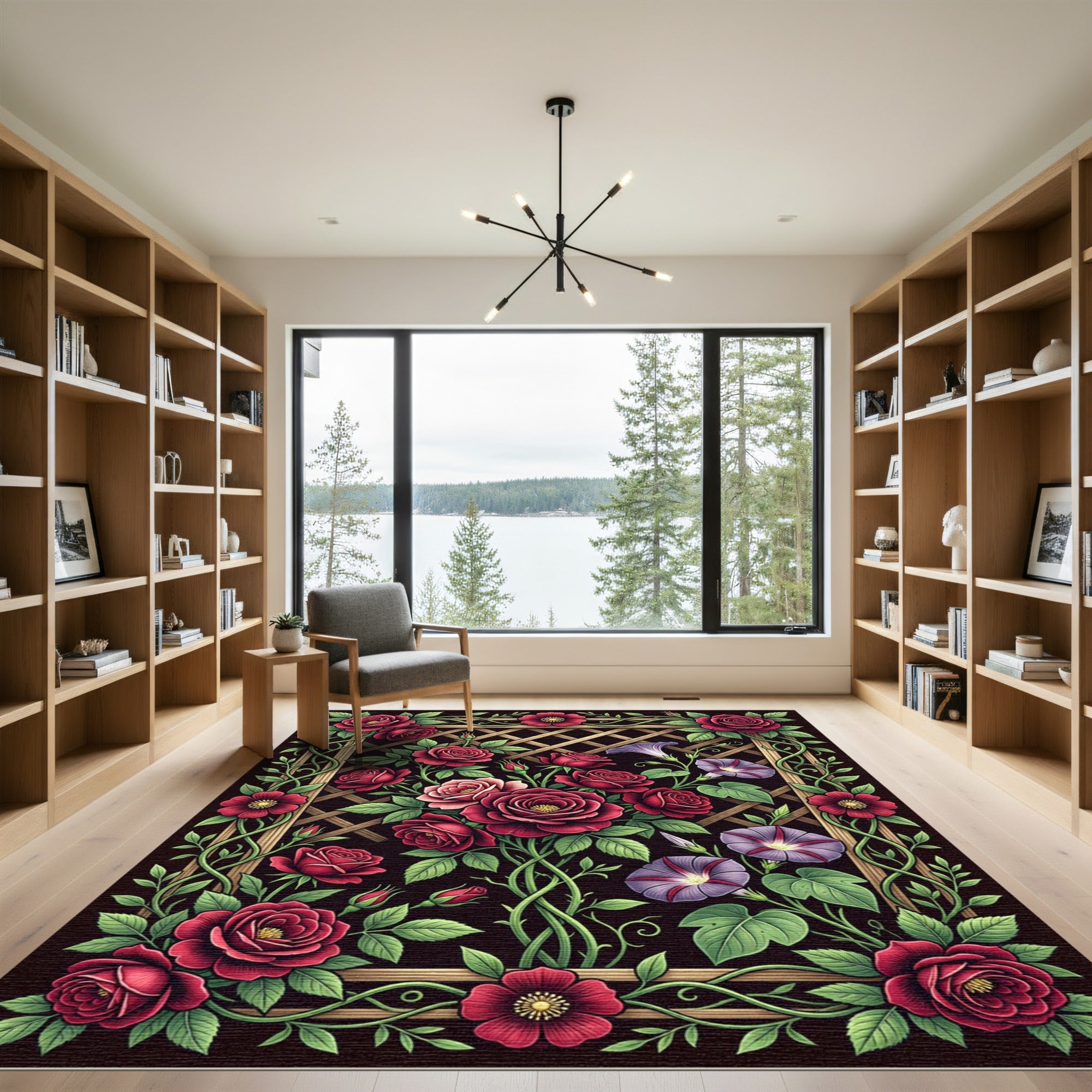 Enchanting Crimson Rose and Morning Glory Rug