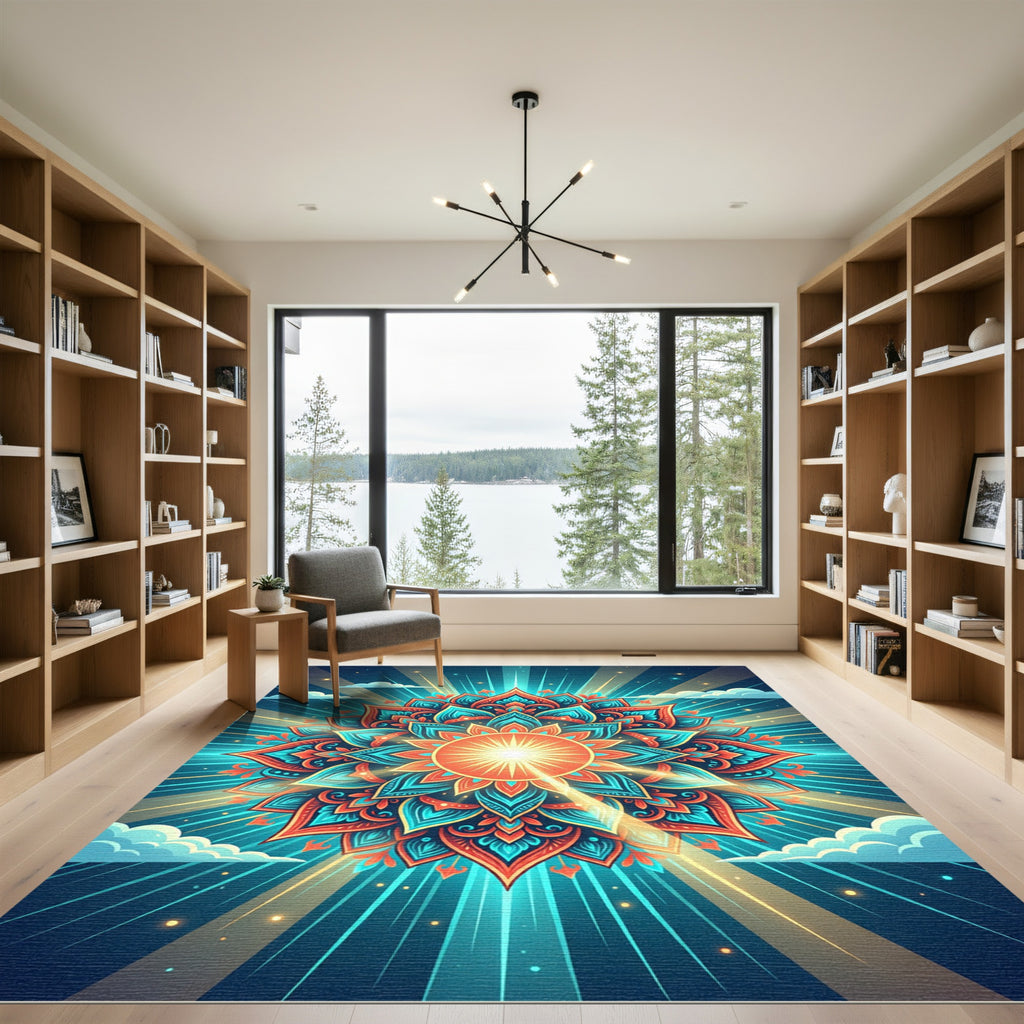 Radiant Sun Mandala Turquoise Coral Rug