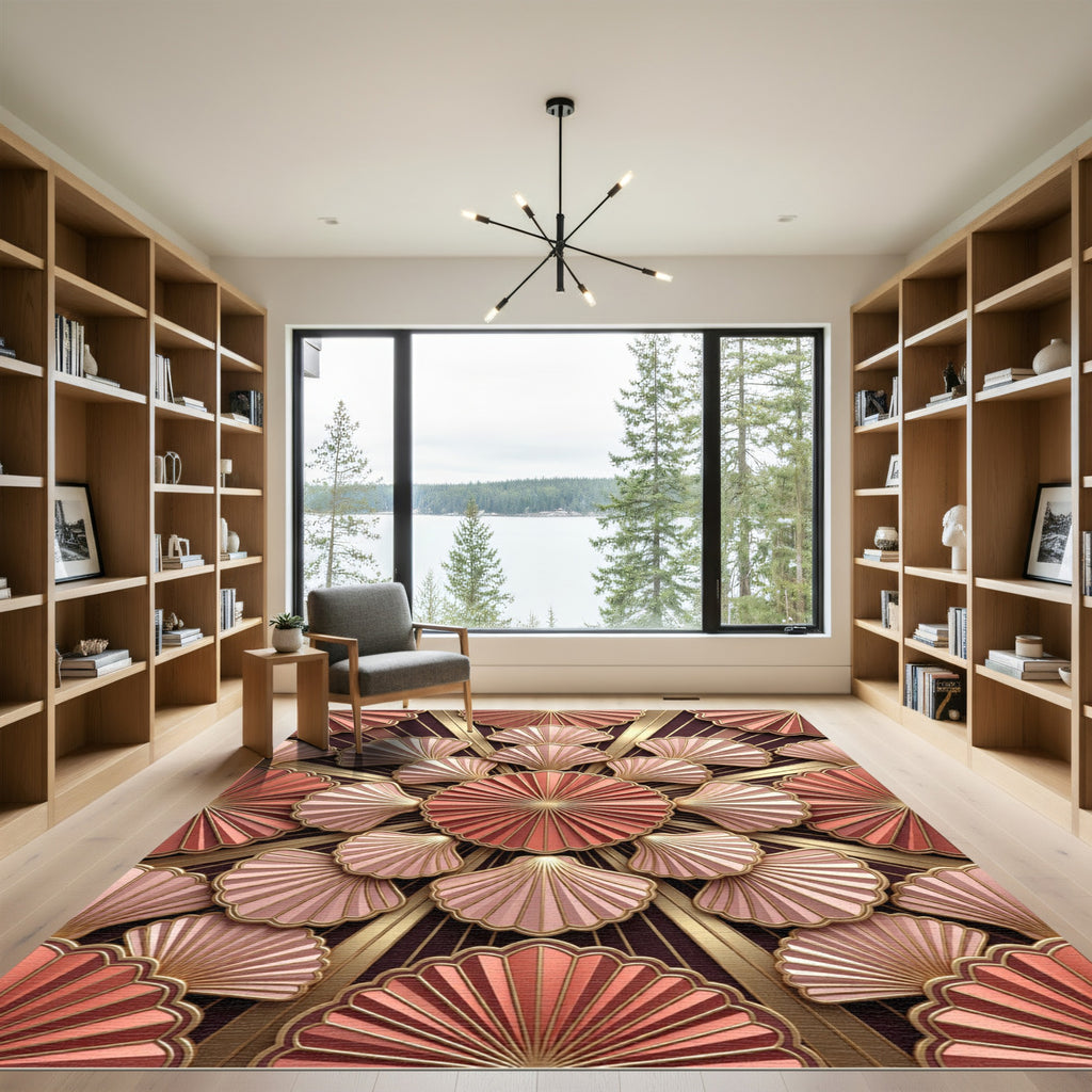 Art Deco Golden Pink Shell Medallion Rug