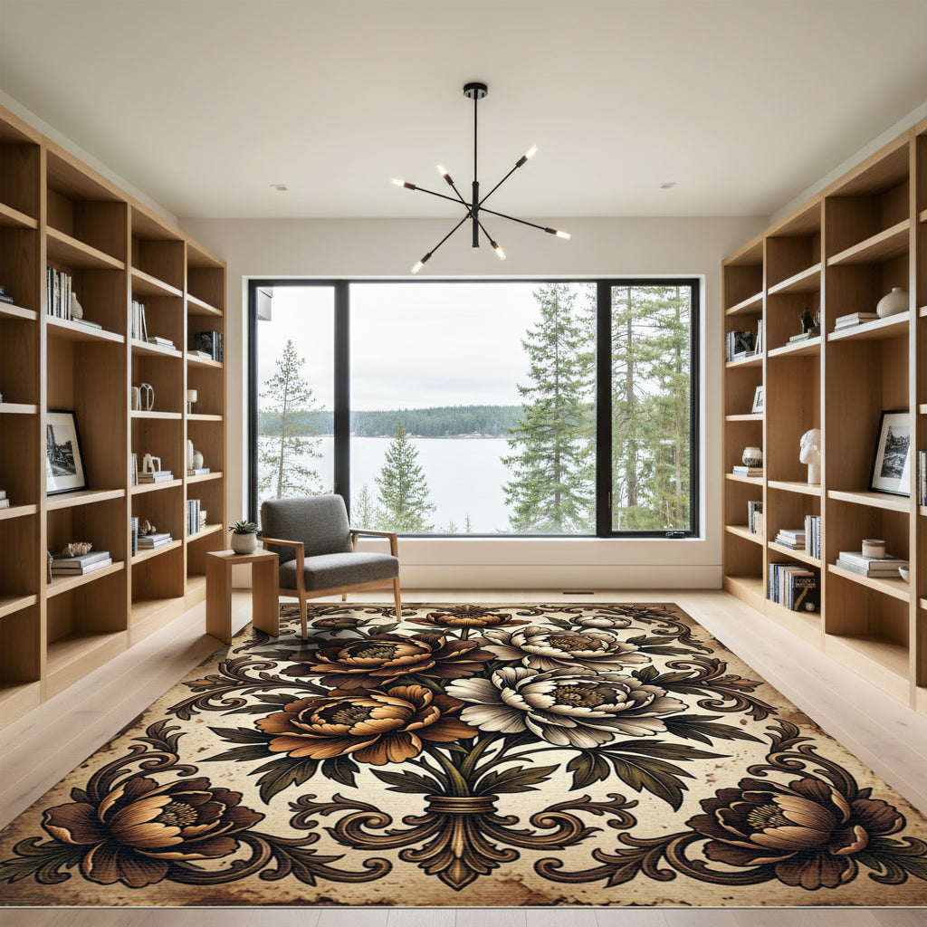 Rich Earthy Peony Floral Scroll Rug
