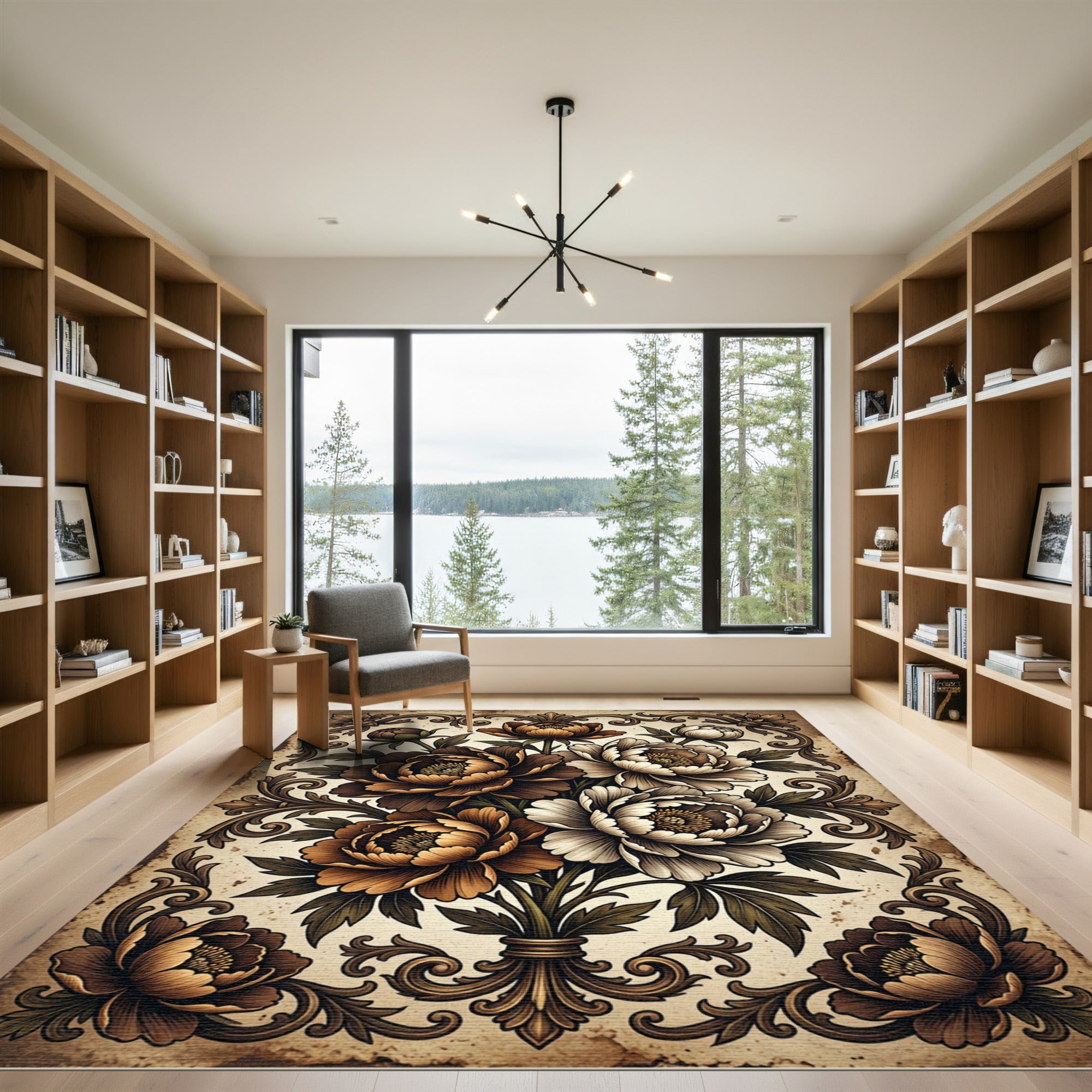 Rich Earthy Peony Floral Scroll Rug