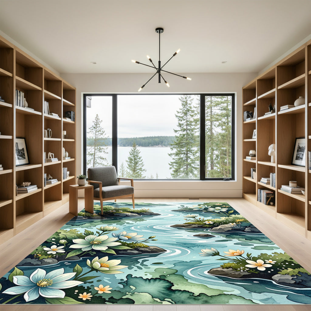 Serene Watercolor River with Wildflowers Rug