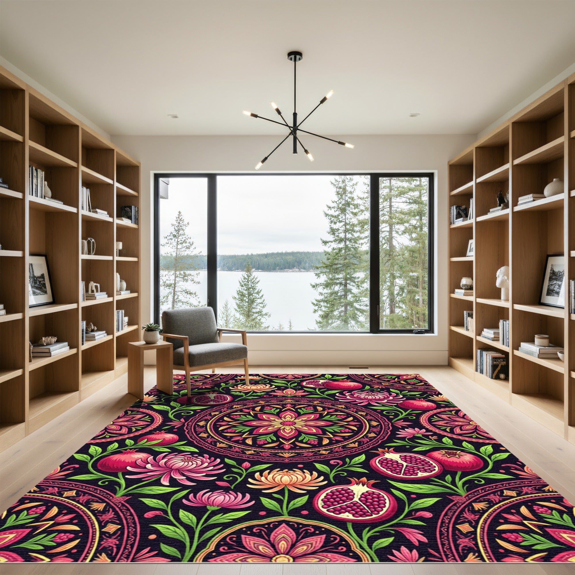 Vivid Pomegranates and Chrysanthemums Mandala Rug