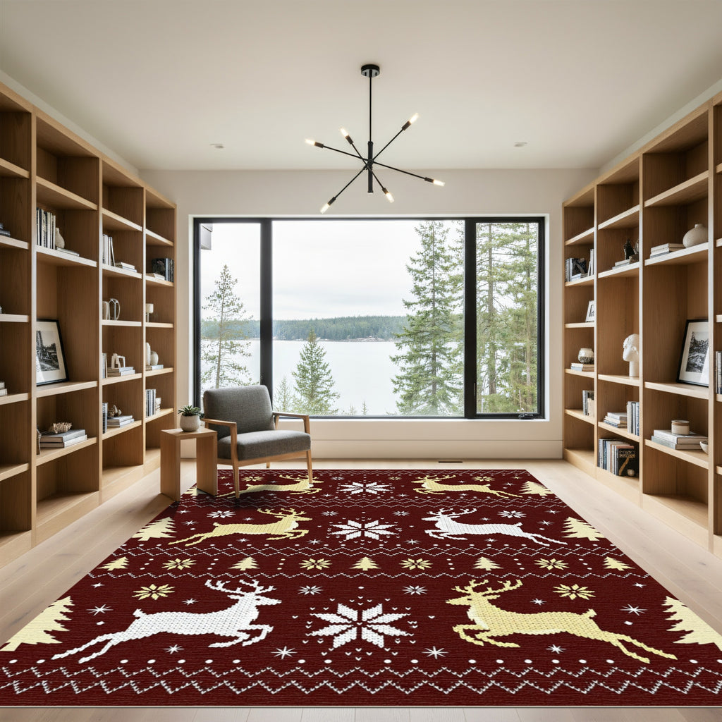 Winter Reindeer Snowflake Tree Stripes Rug