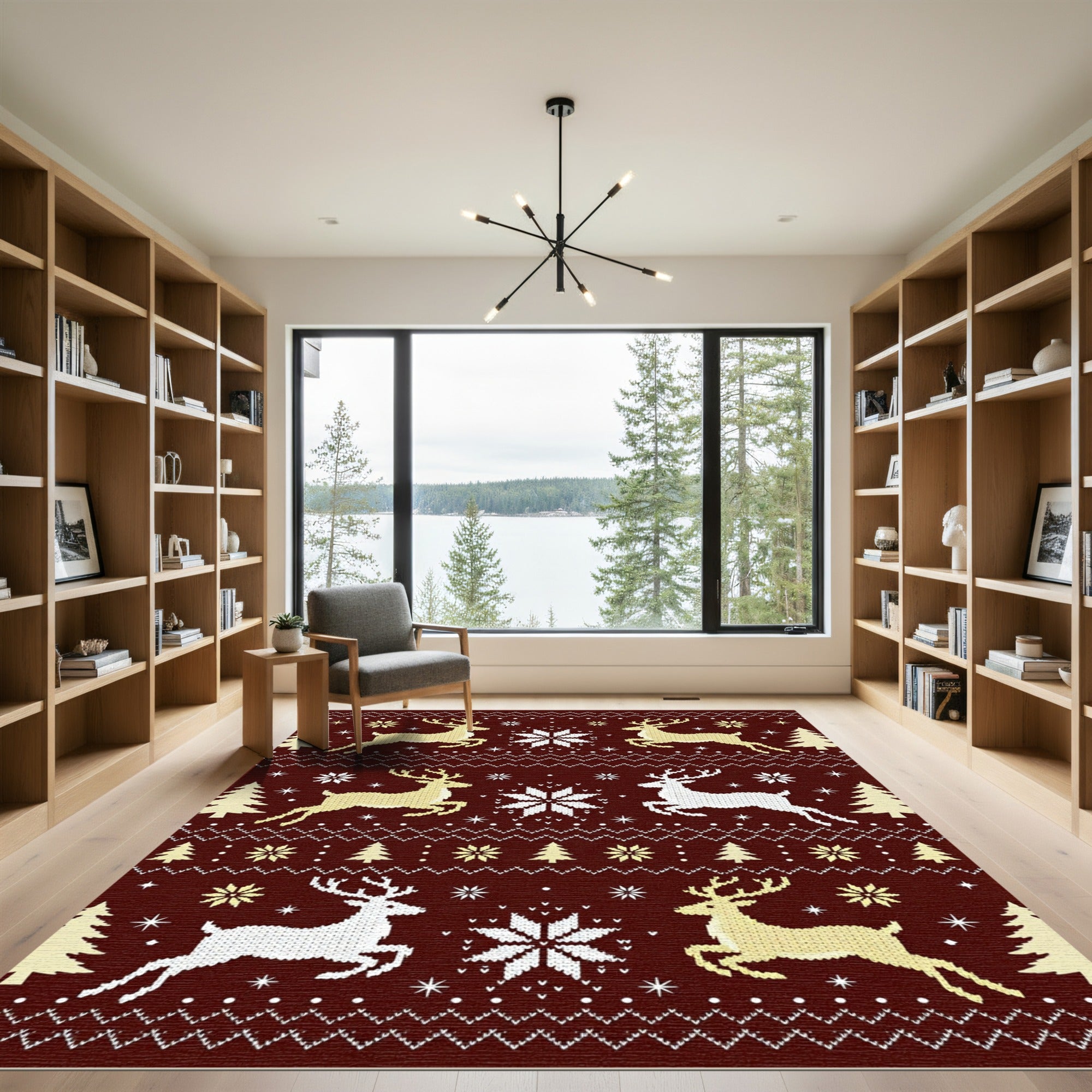 Winter Reindeer Snowflake Tree Stripes Rug
