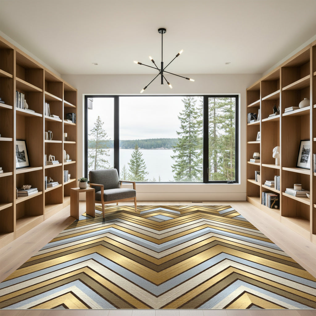 Gold Chevron Metallic Geometric Lines Rug
