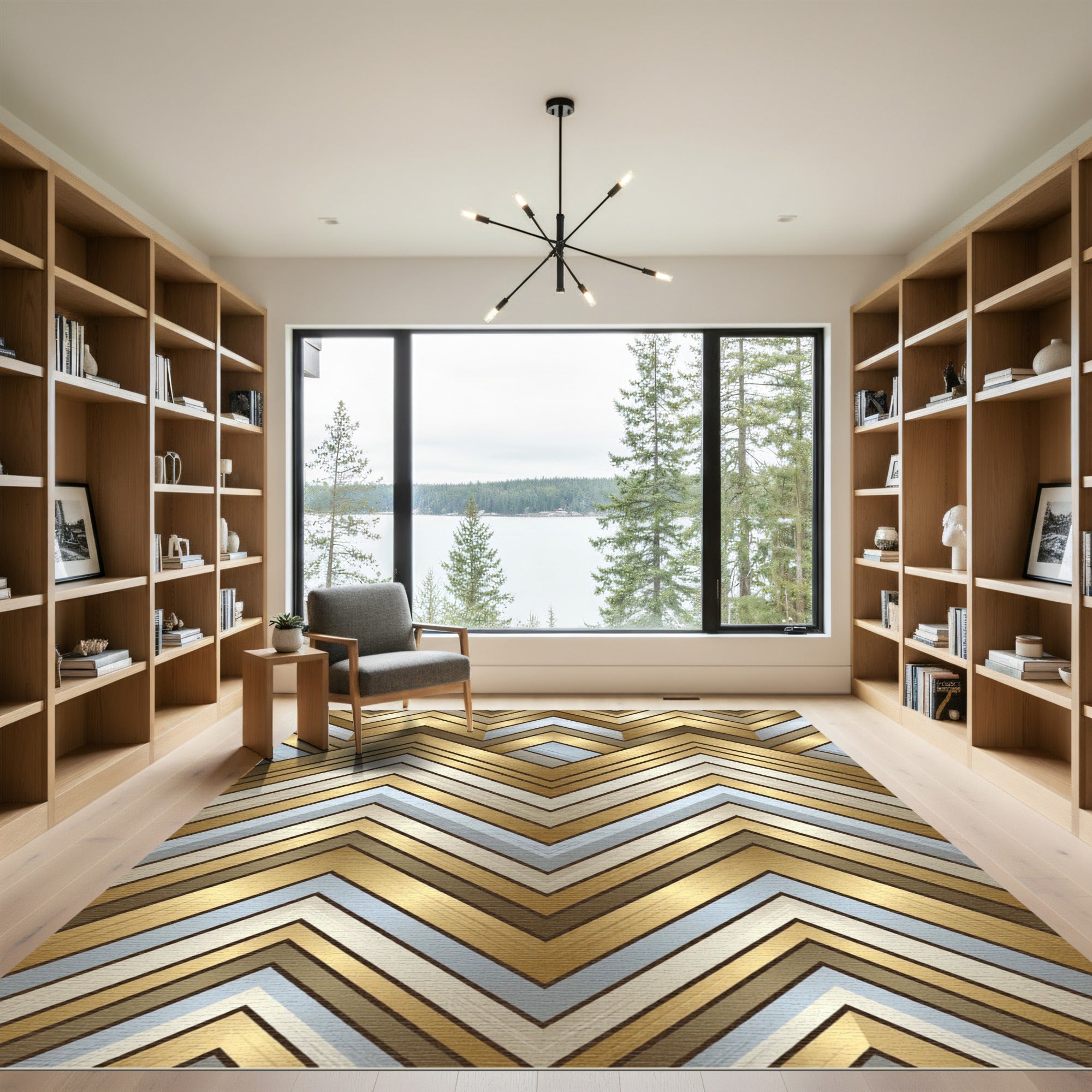 Gold Chevron Metallic Geometric Lines Rug