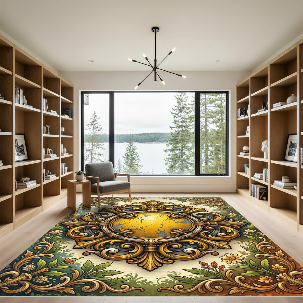 Golden Baroque Crest Floral Medallion Rug