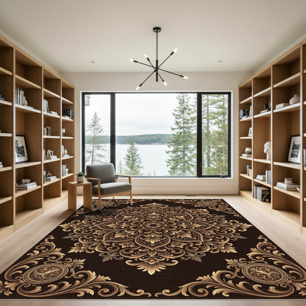 Ornate Golden Floral Damask Medallion Rug