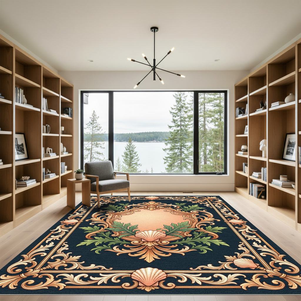 Ornate Gold Leaf Seashell Frame Rug