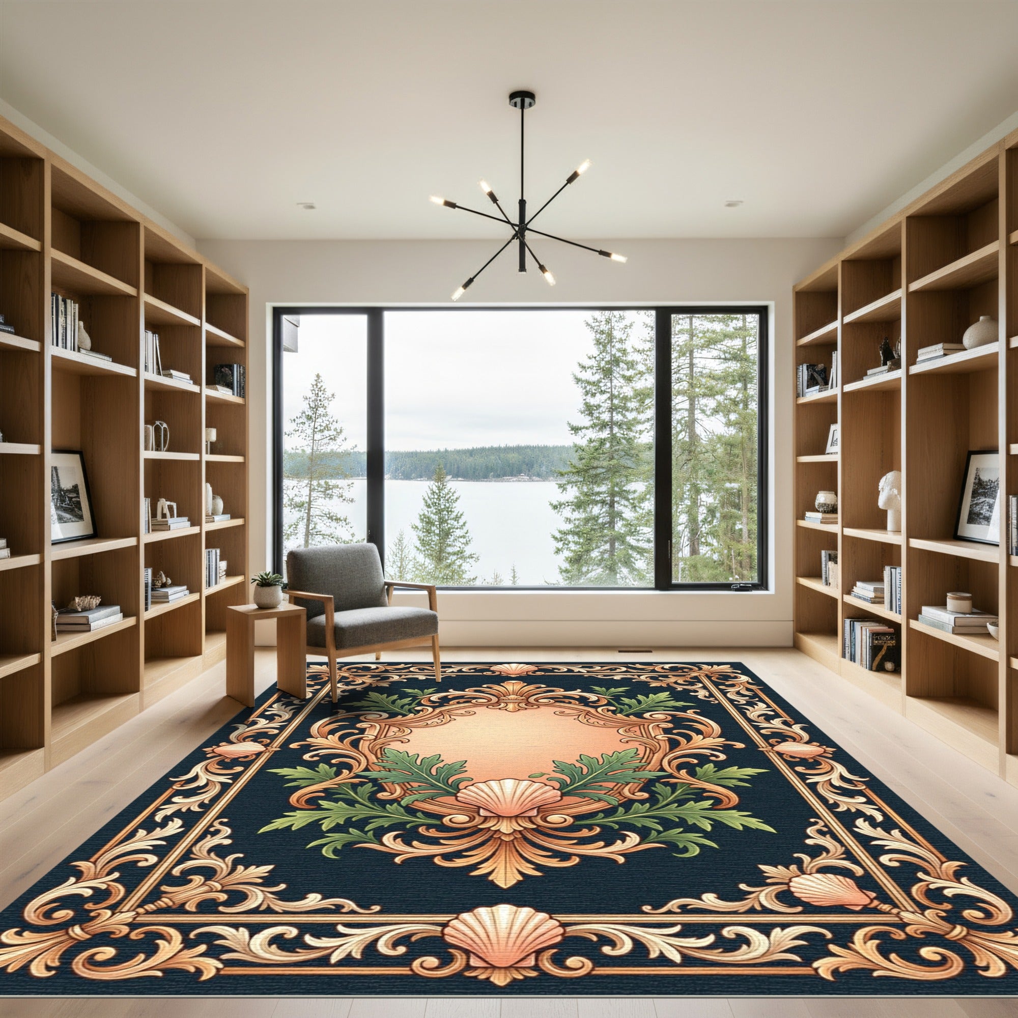 Ornate Gold Leaf Seashell Frame Rug