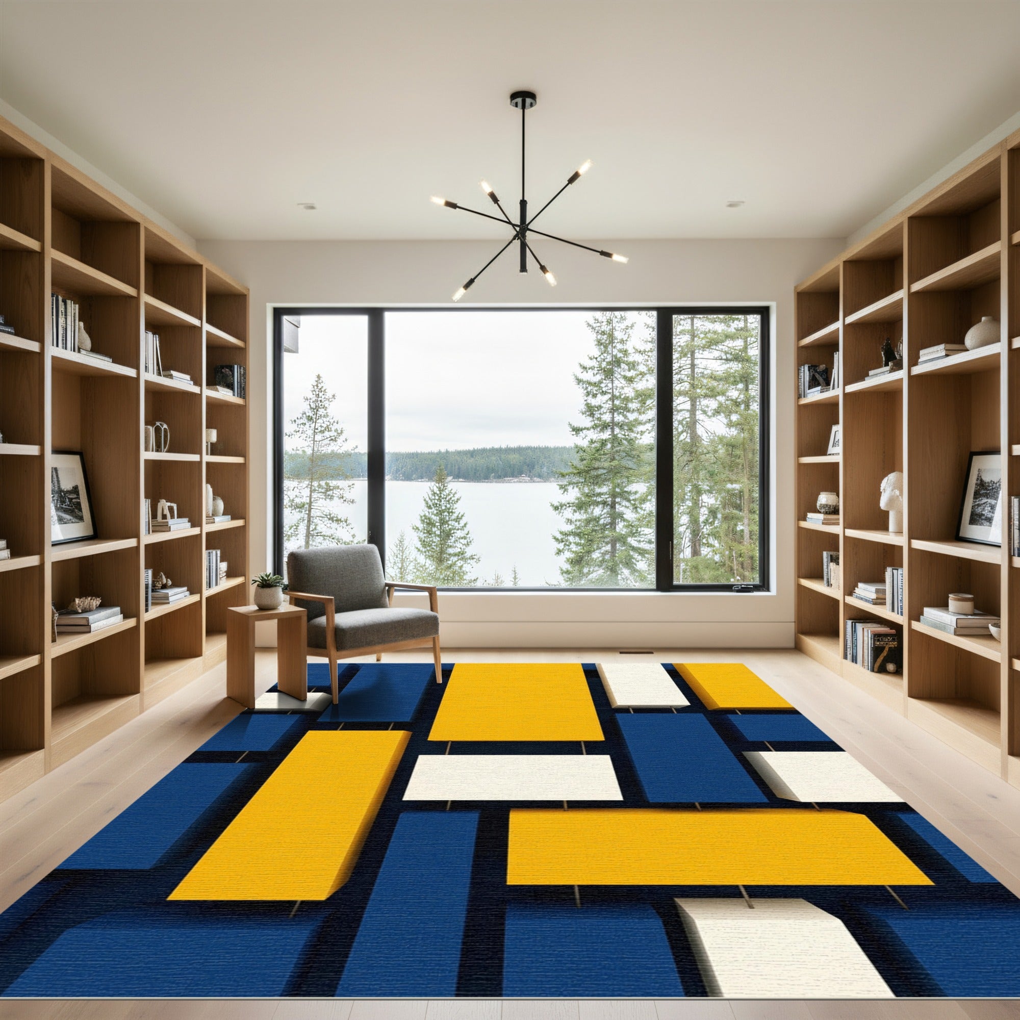 Modern Geometric Blue Yellow Cream Blocks Rug