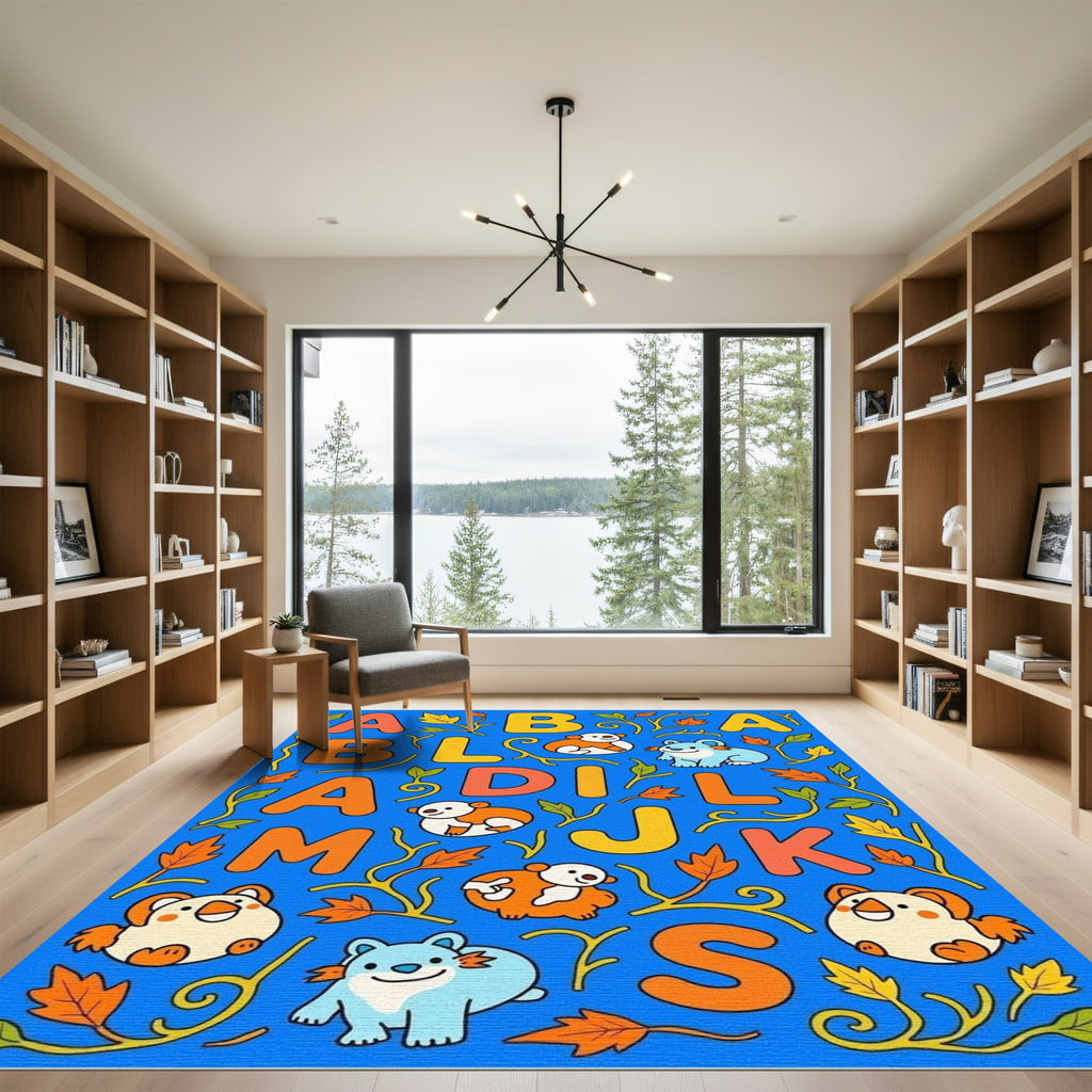Whimsical Alphabet Animals Autumn Leaves Rug
