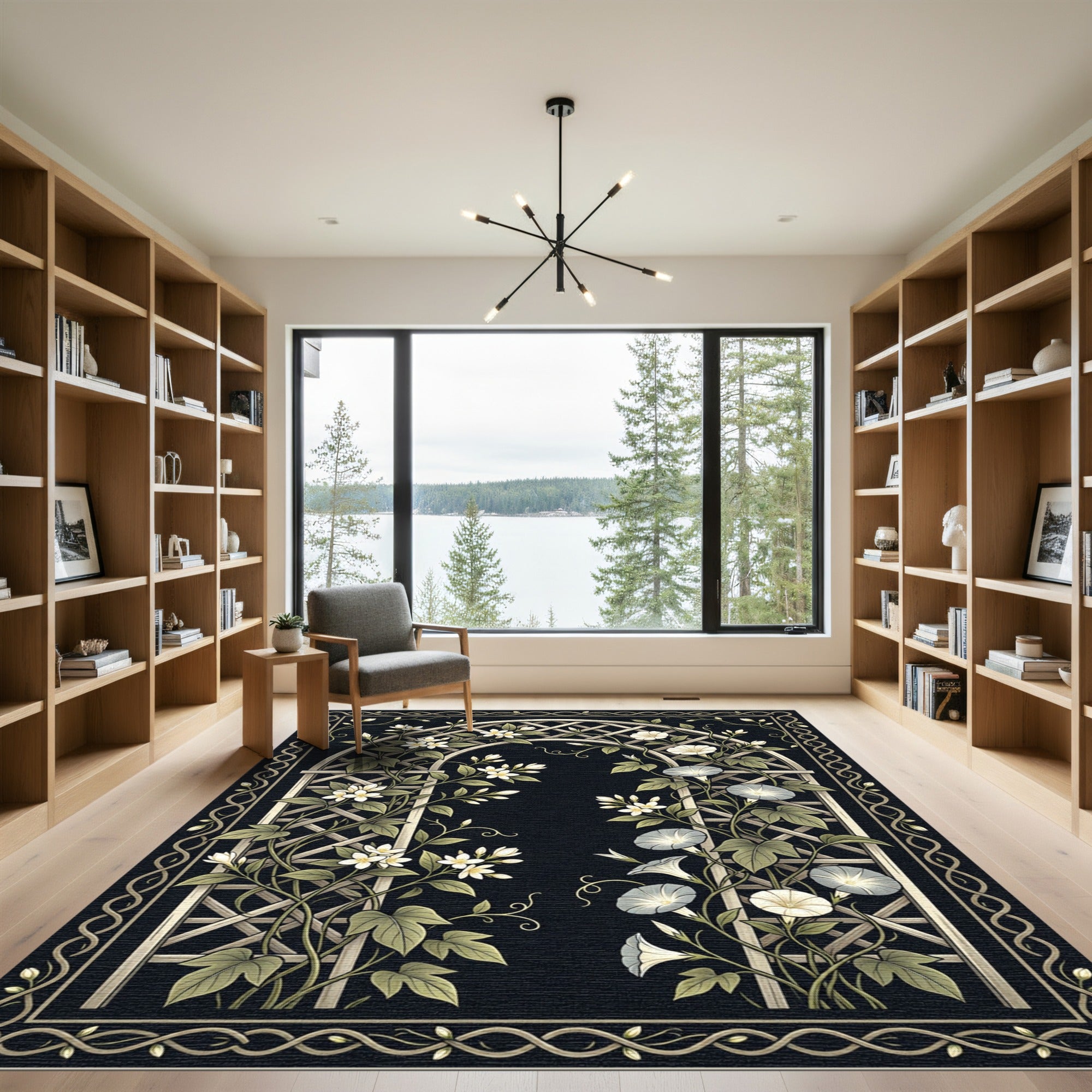 Black Botanical Trellis with Garden Flowers Rug
