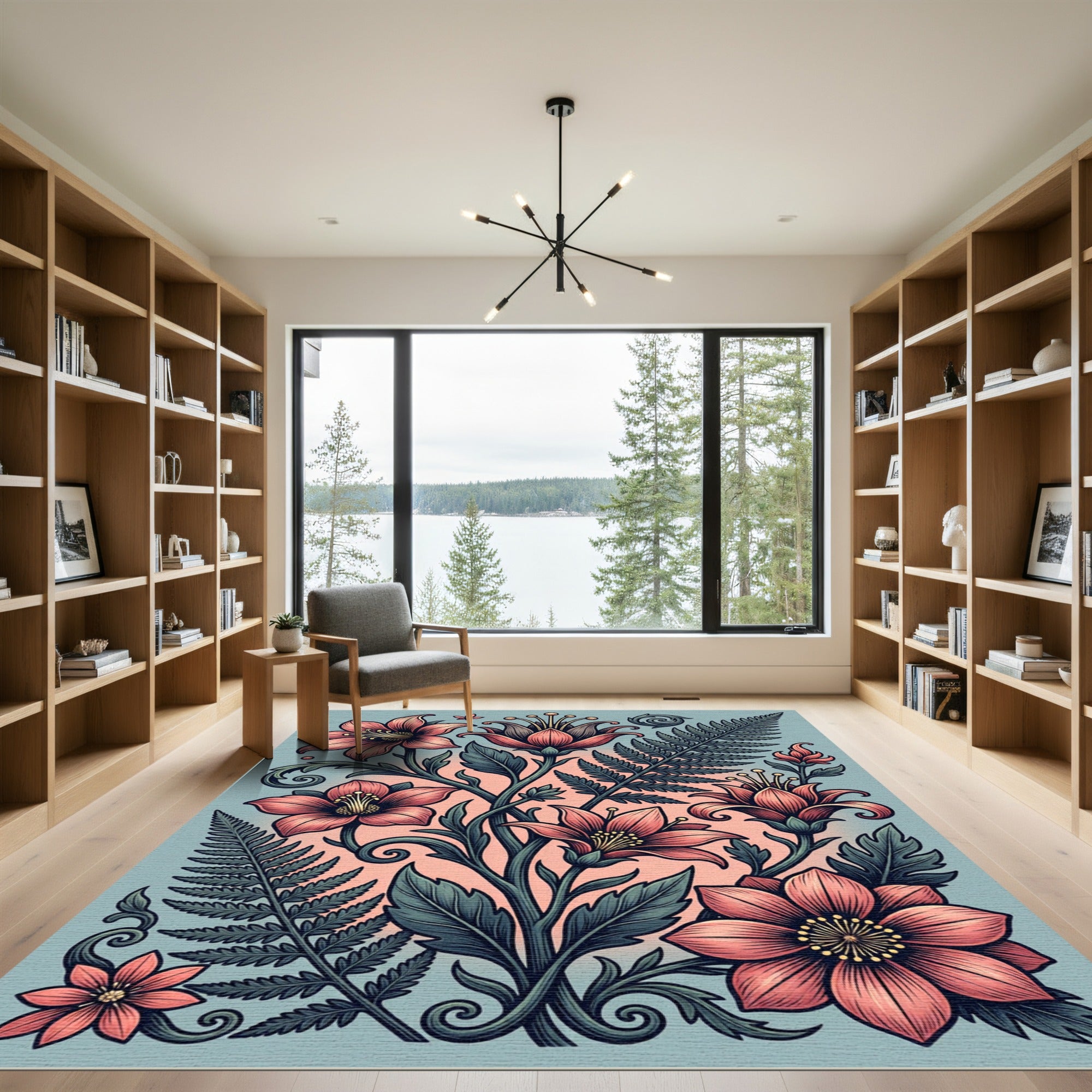 Botanical Pink Lily and Fern Art Rug