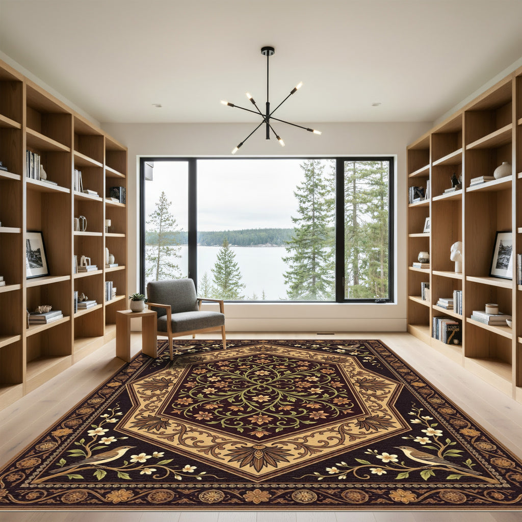 Elegant Floral Avian Hexagon Medallion Rug