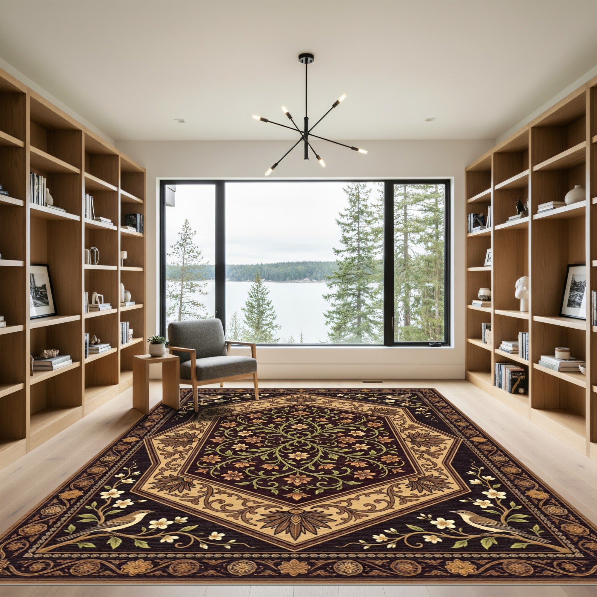 Elegant Floral Avian Hexagon Medallion Rug