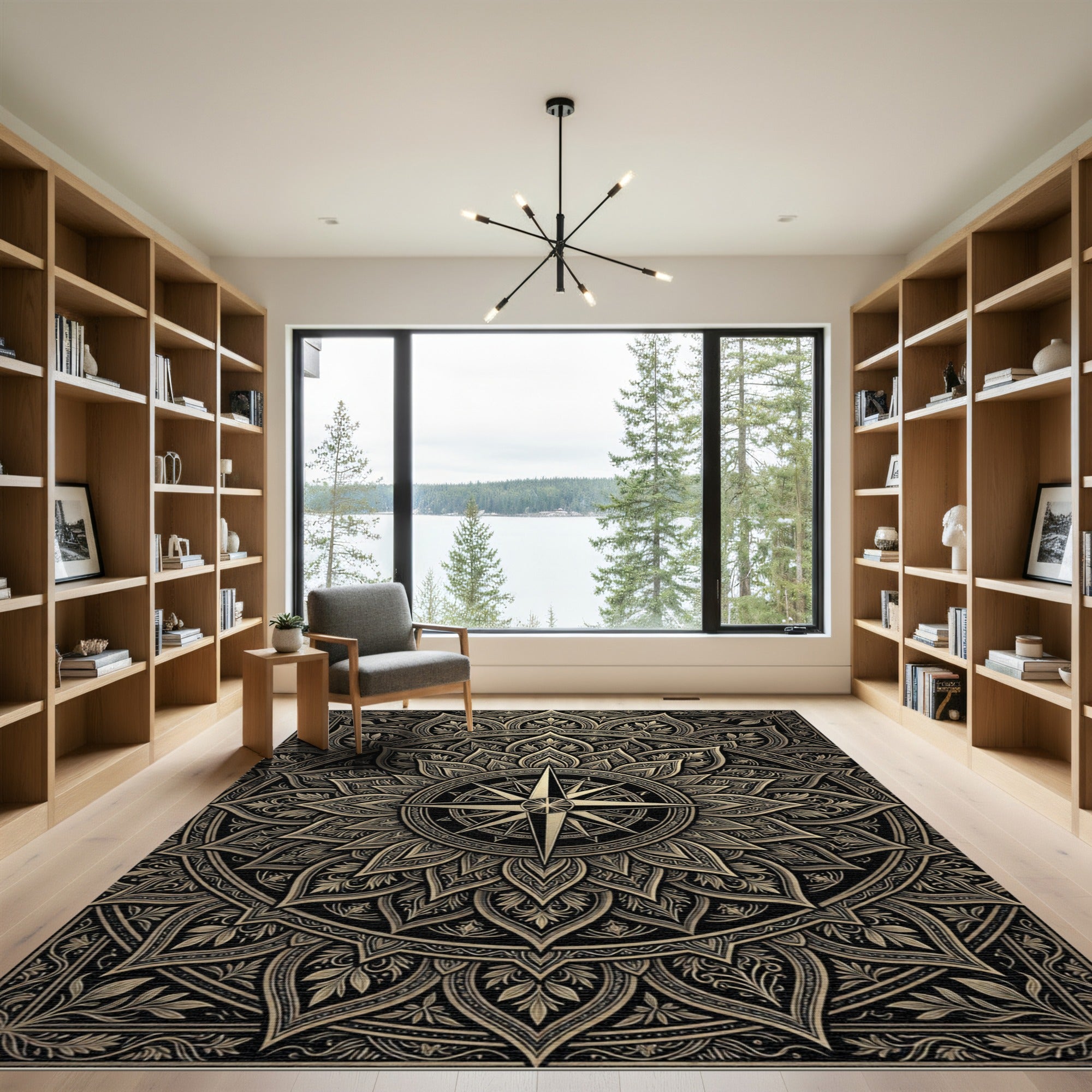 Gilded Compass Mandala Gold Black Art Rug