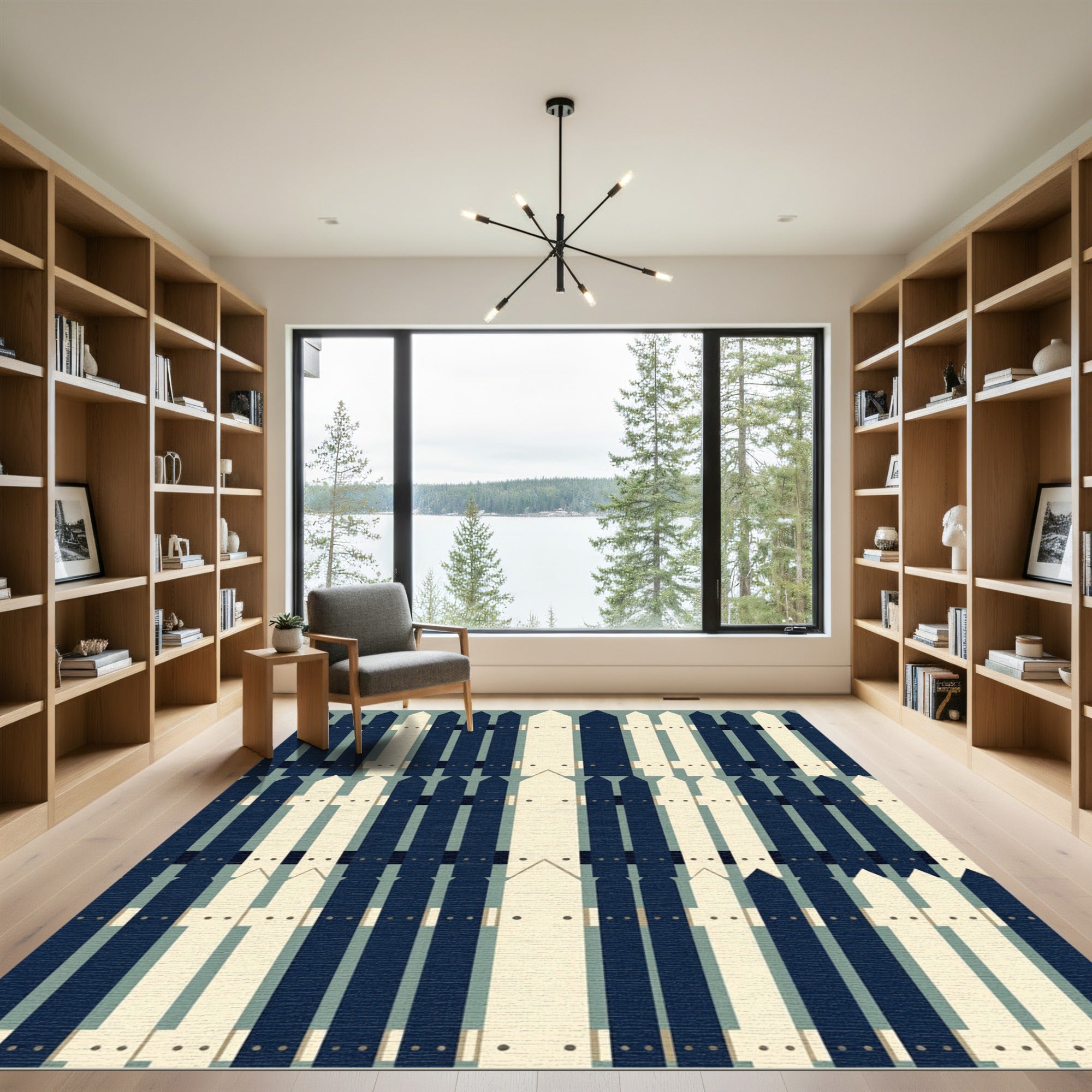 Modern Navy and Cream Picket Fence Rug