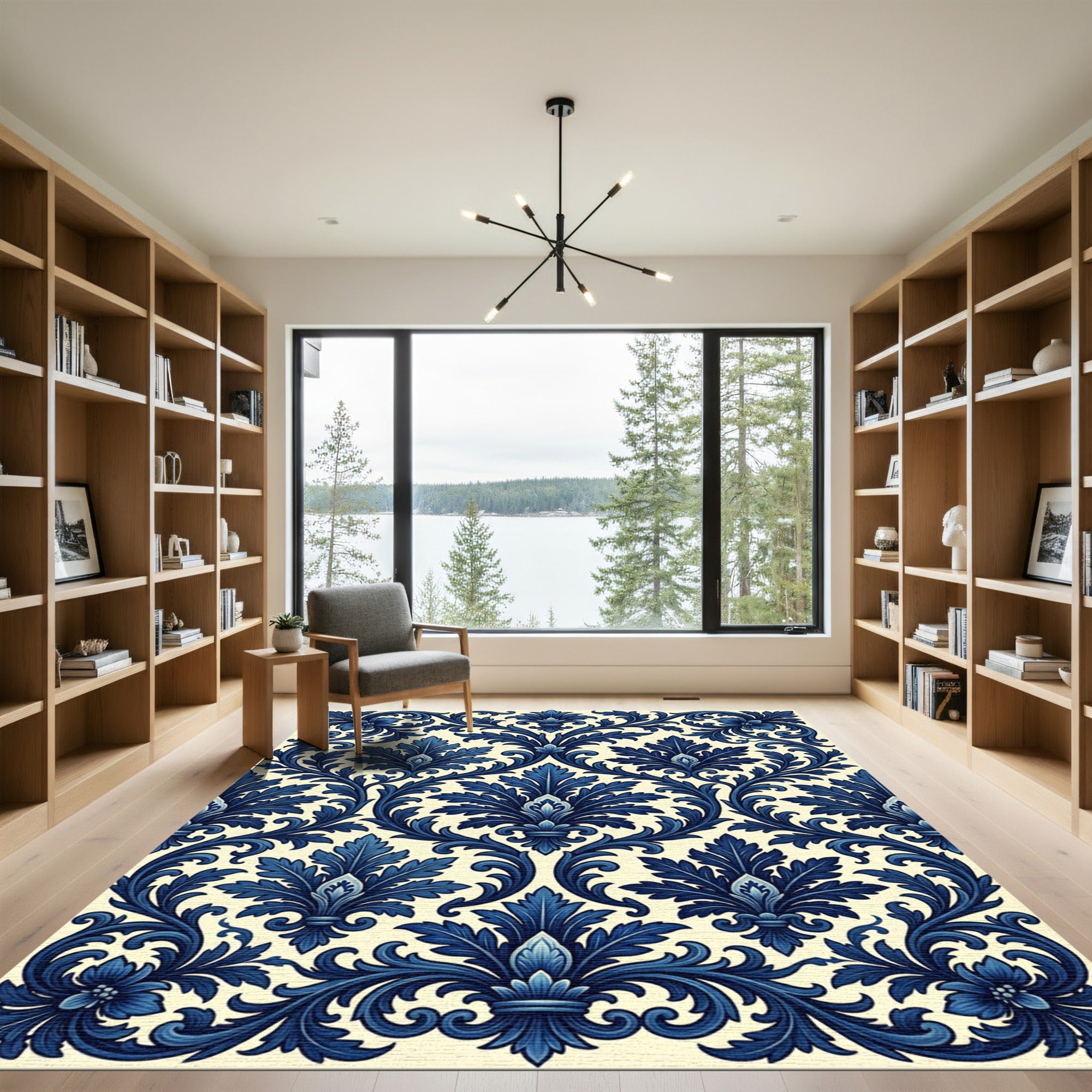 Elegant Navy Blue Damask Leaf Scroll Rug