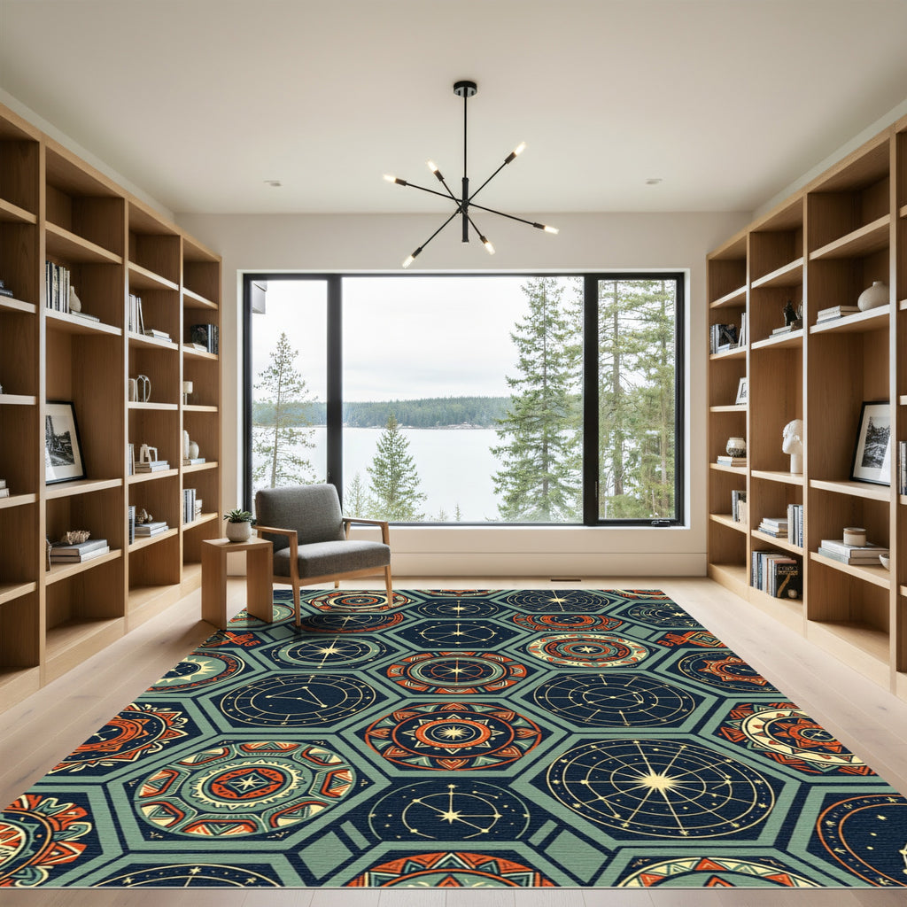 Celestial Geometric Hexagon Teal Copper Rug
