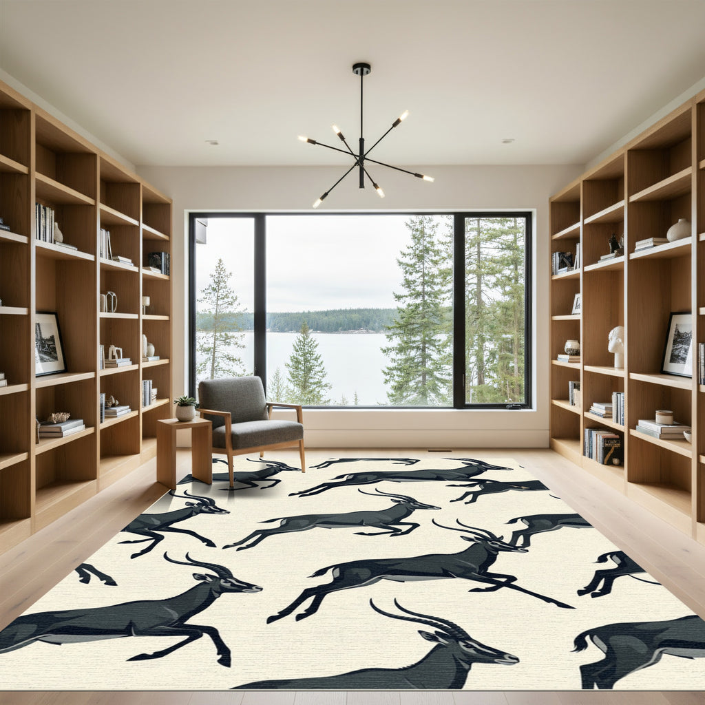 Charcoal Black Leaping Antelope Silhouette Rug