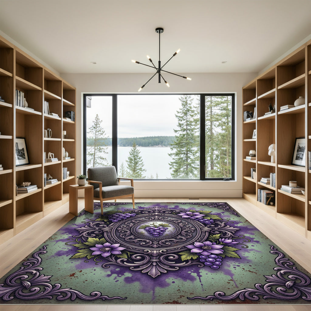 Ornate Purple Grapes Floral Frame Rug