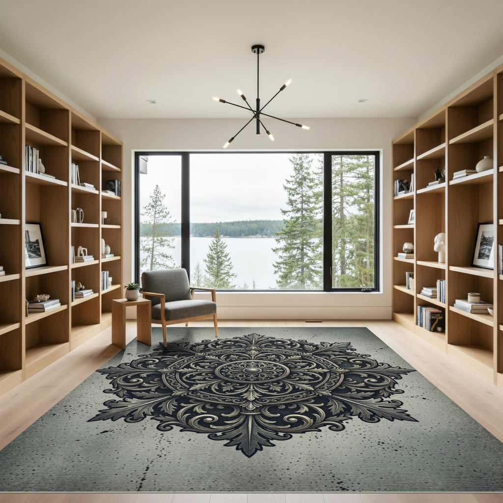 Elegant Silver Metallic Ornate Medallion Rug