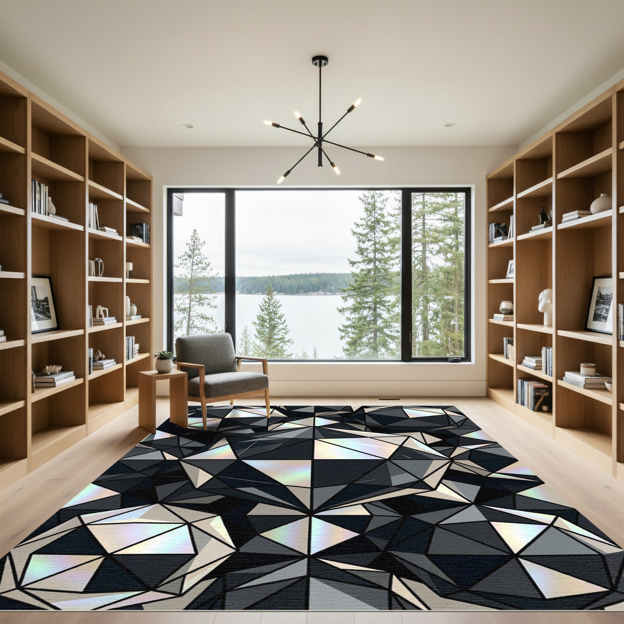 Geometric Monochrome Iridescent Faceted Sphere Rug