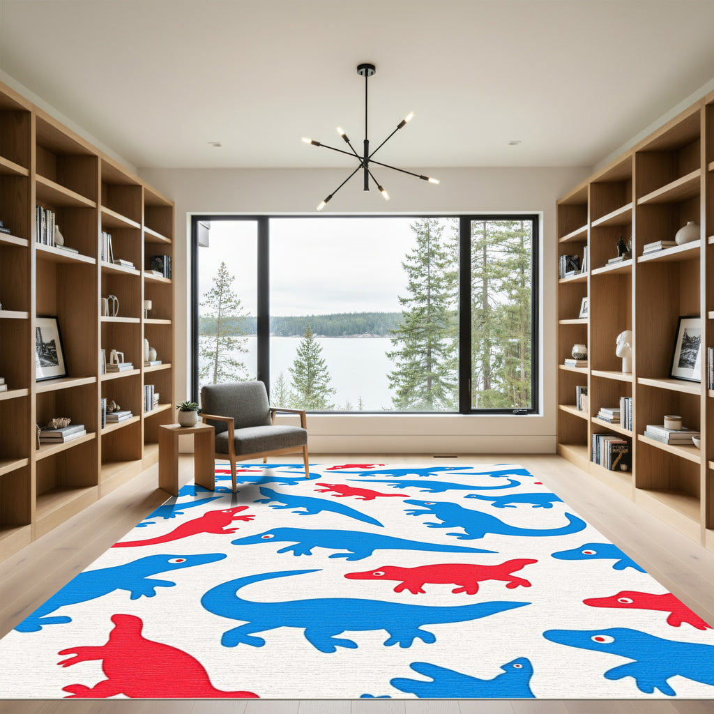 Bold Blue Red Dinosaur Illustration Rug