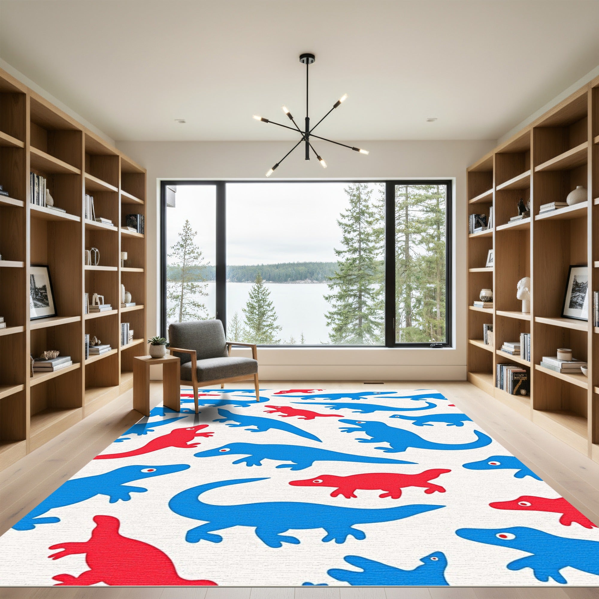 Bold Blue Red Dinosaur Illustration Rug