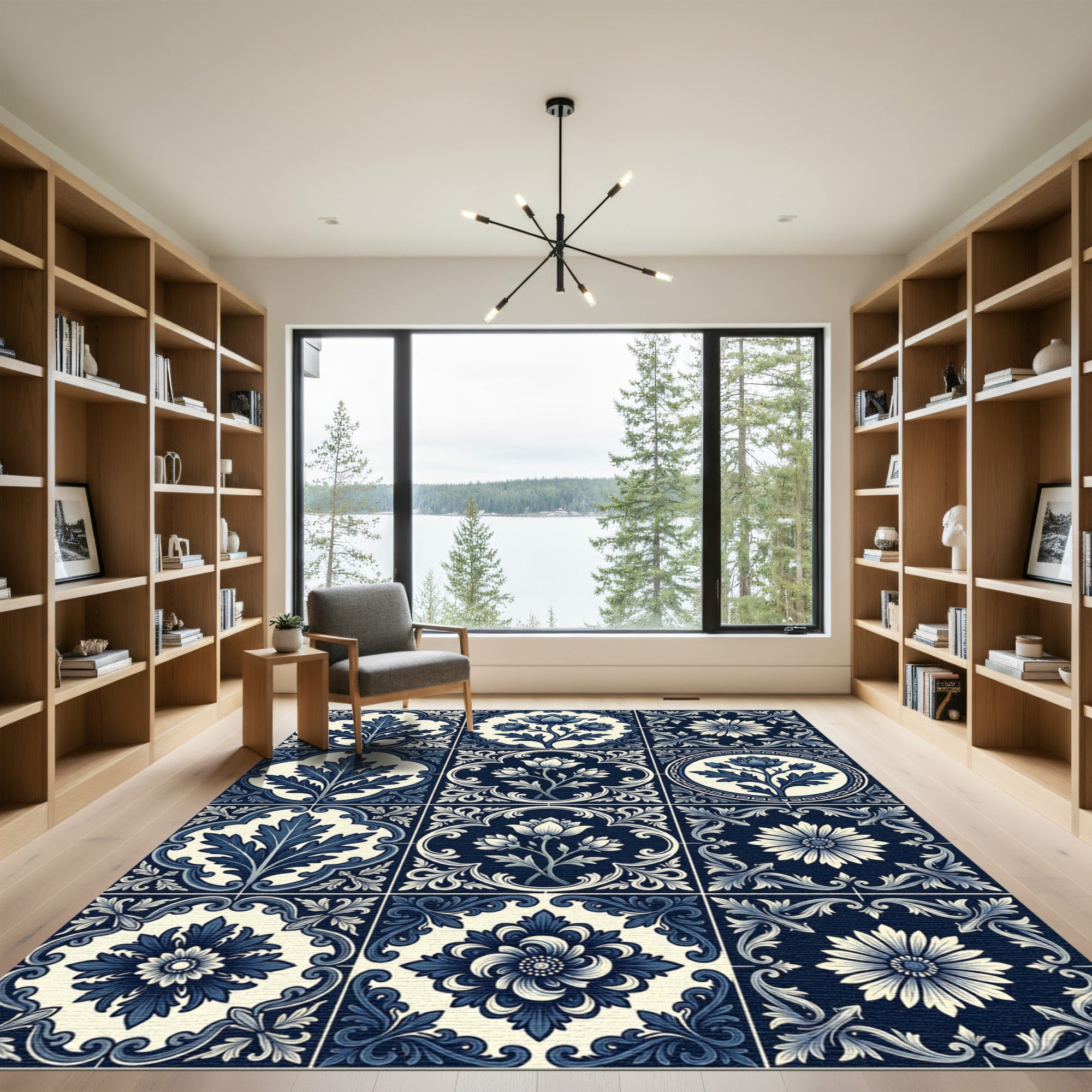 Deep Blue Floral Tile Arrangement Rug