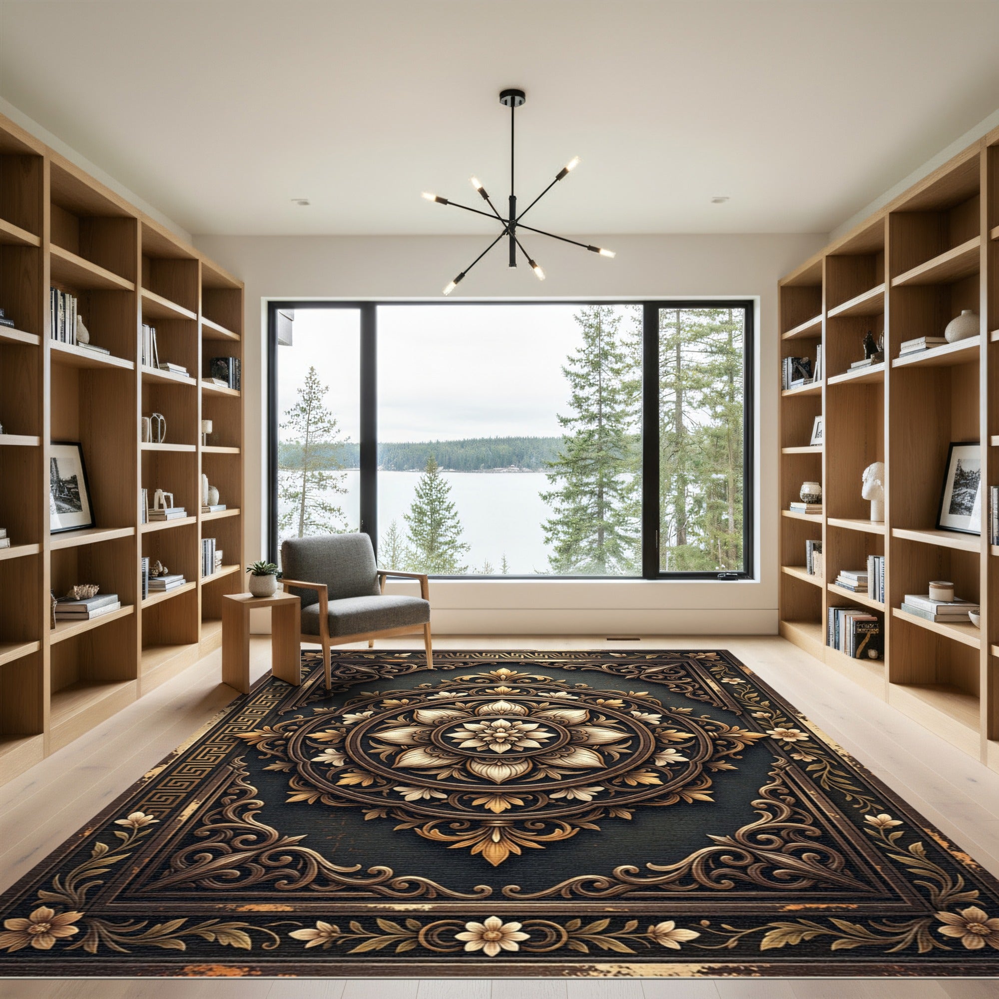 Ornate Golden Floral Mandala Dark Bronze Rug