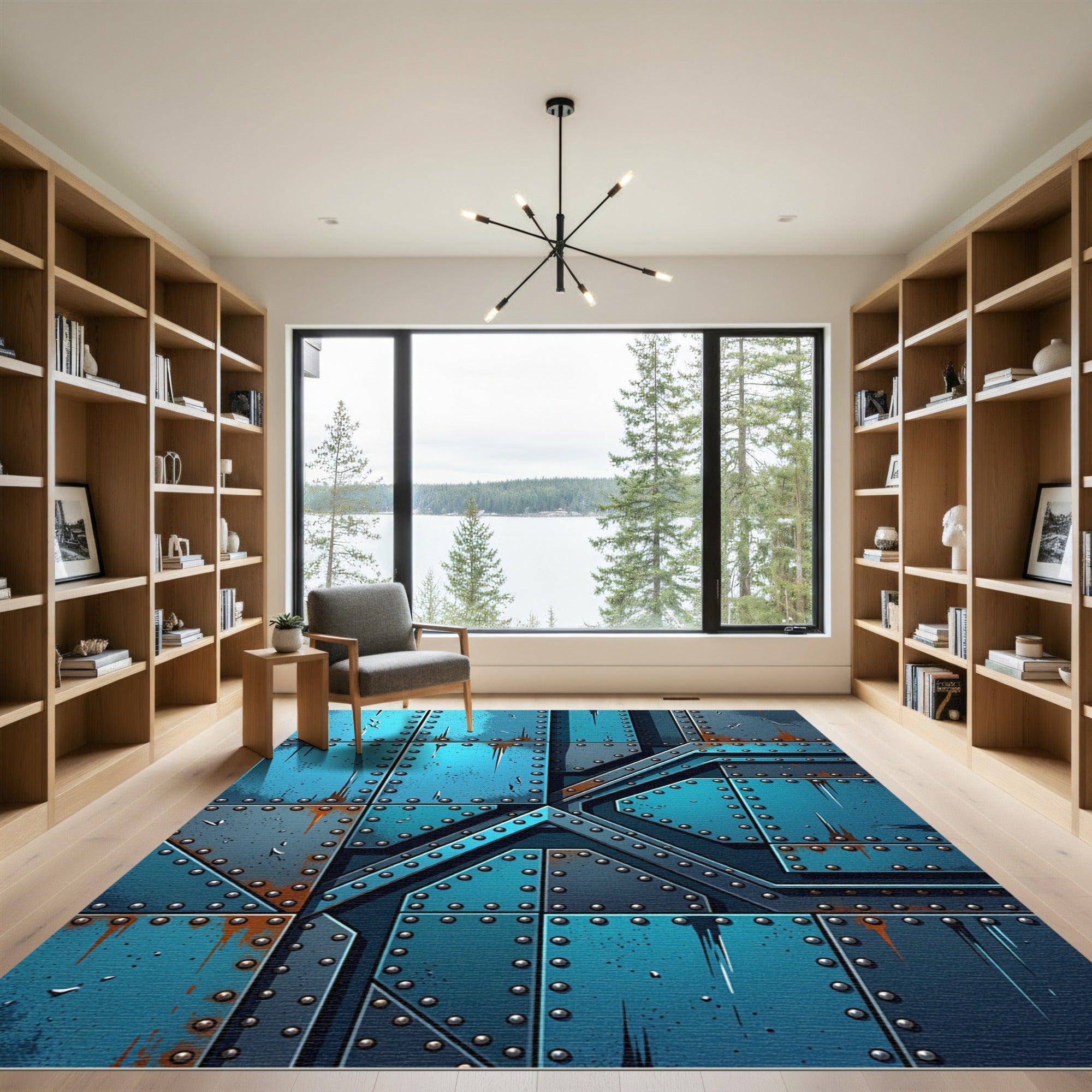 Riveted Industrial Blue Metal Plate Rug