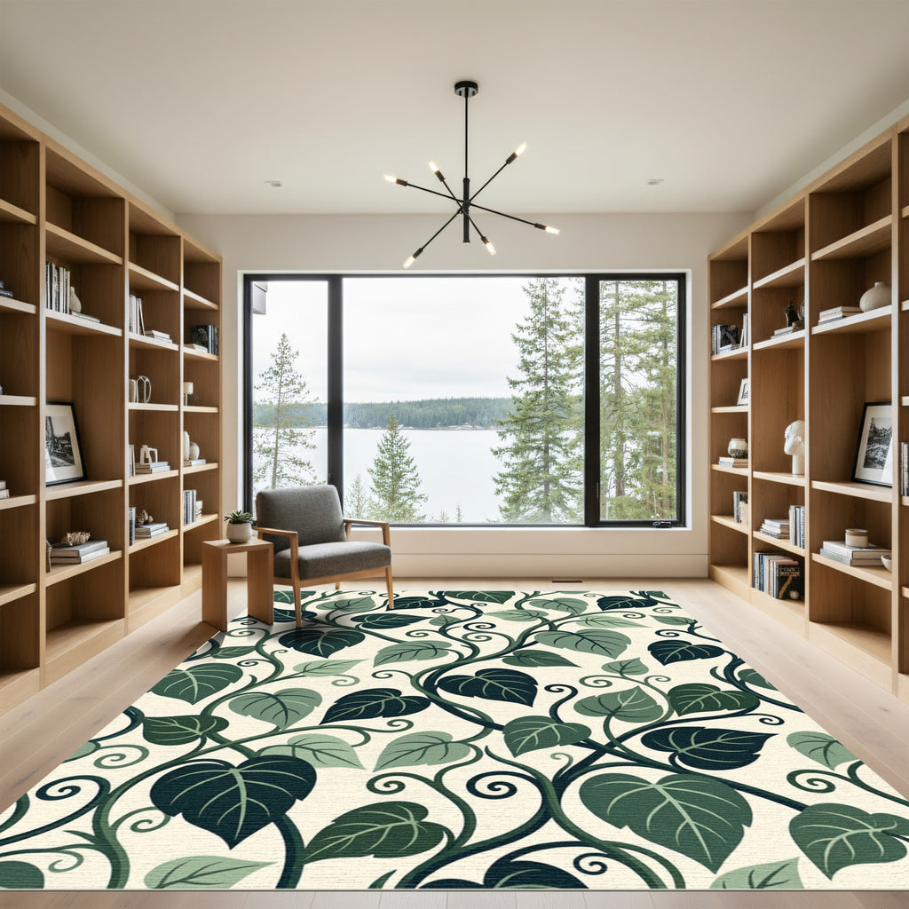 Lush Green Botanical Foliage Scroll Rug