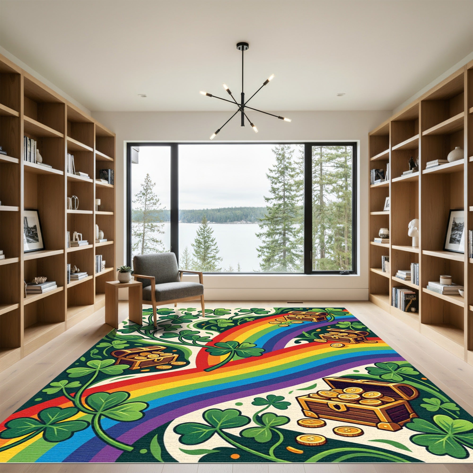 Vibrant Rainbow Clover Treasure Coin Illustration Rug