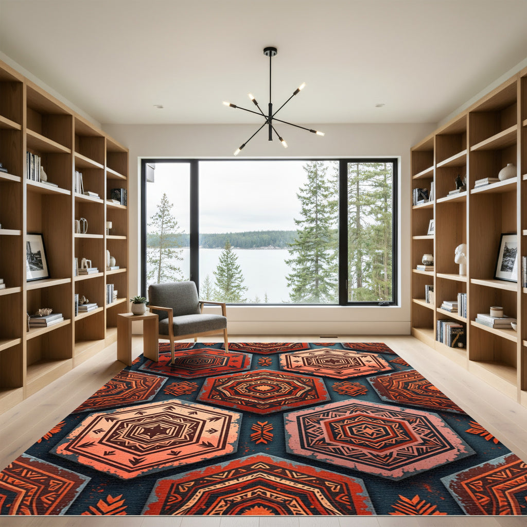 Earthy Crimson Geometric Hexagon Tile Rug