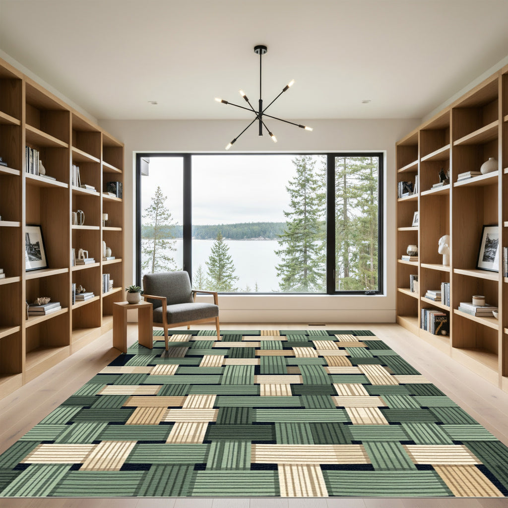 Sage and Tan Woven Basket Tile Rug