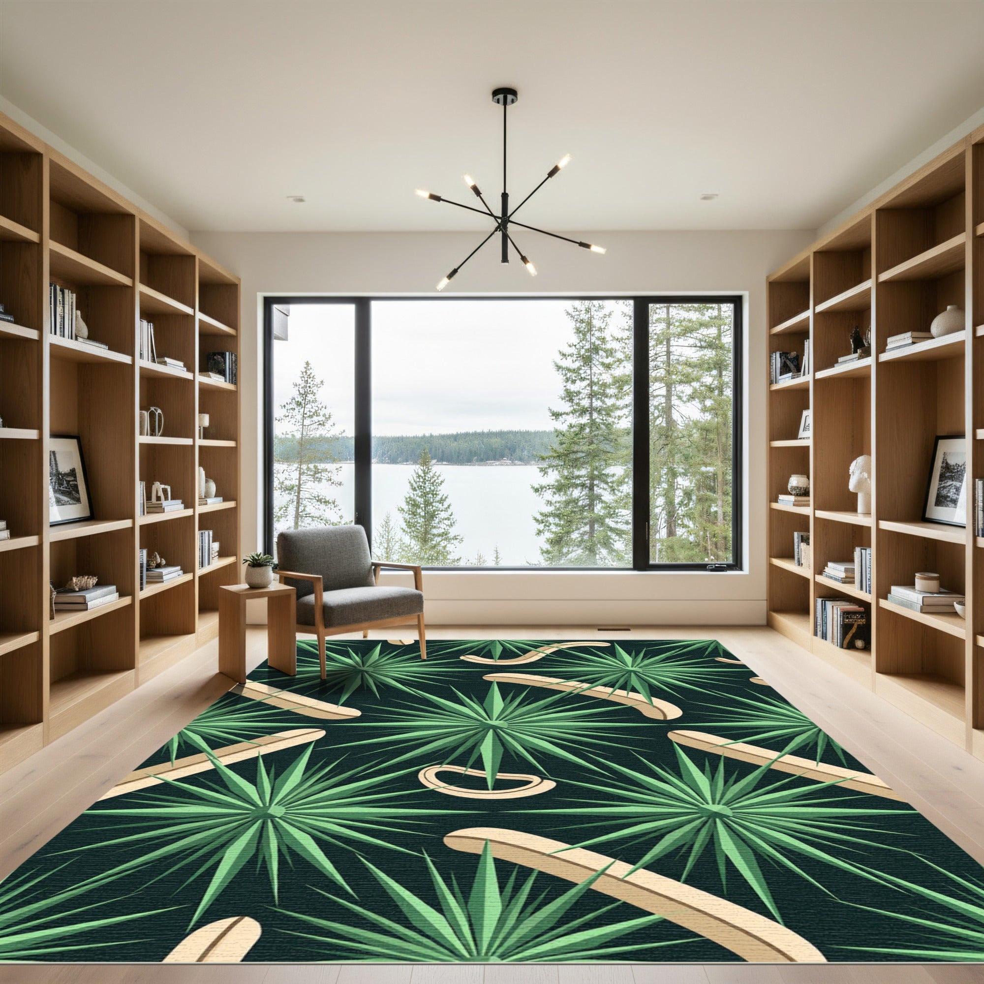 Emerald Starburst and Cream Abstract Curved Rug
