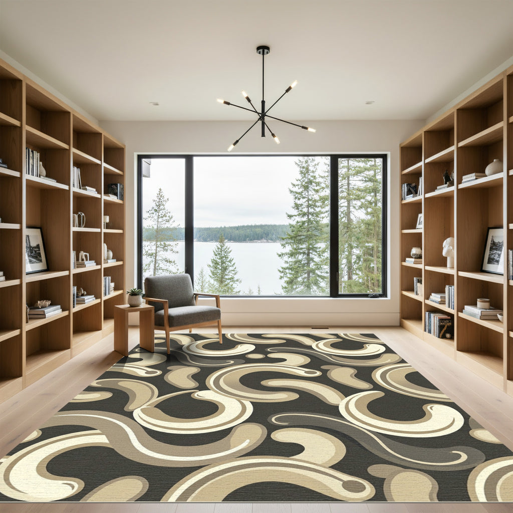 Taupe And Cream Swirl Mid Century Rug