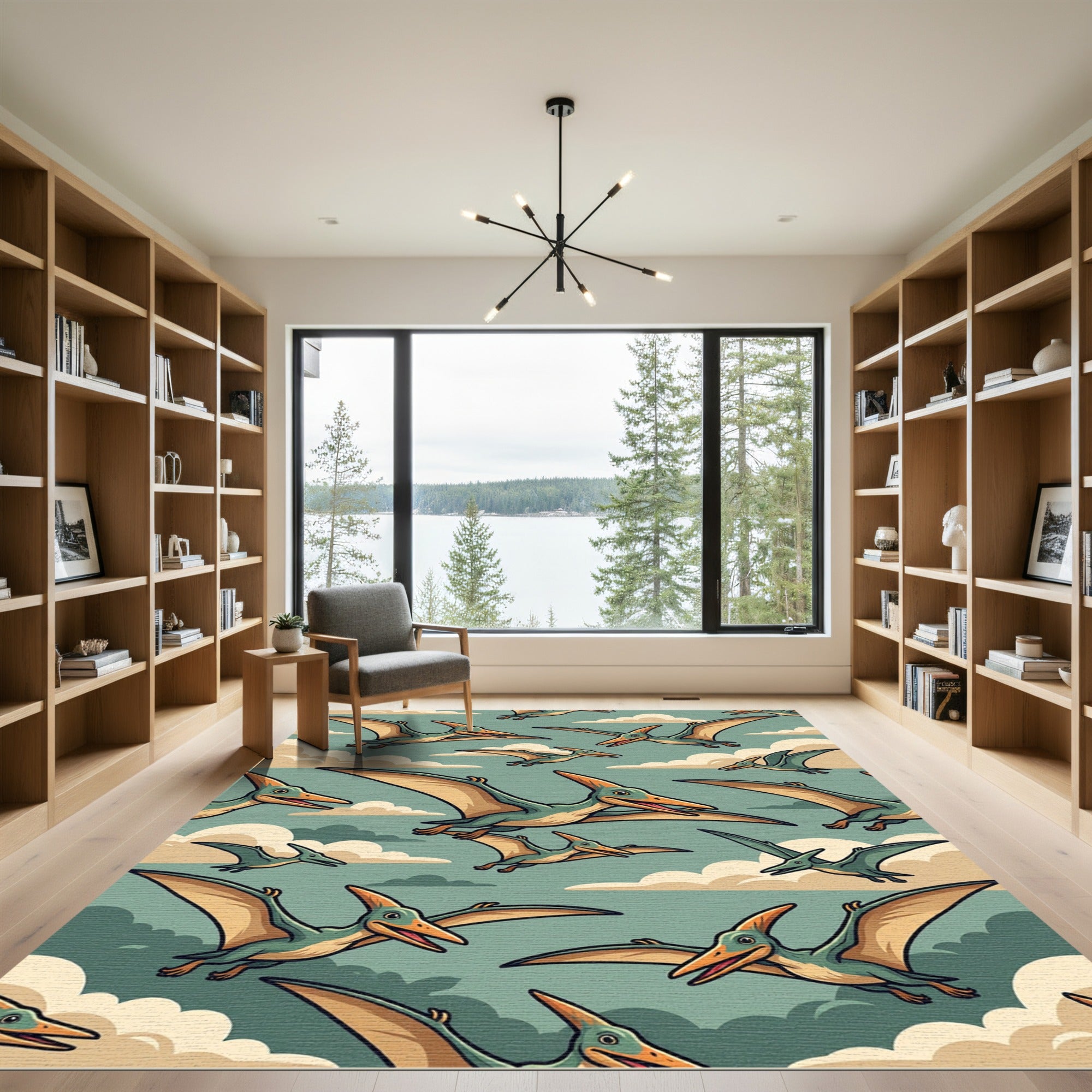 Teal Soaring Pterodactyl Cloud Sky Art Rug