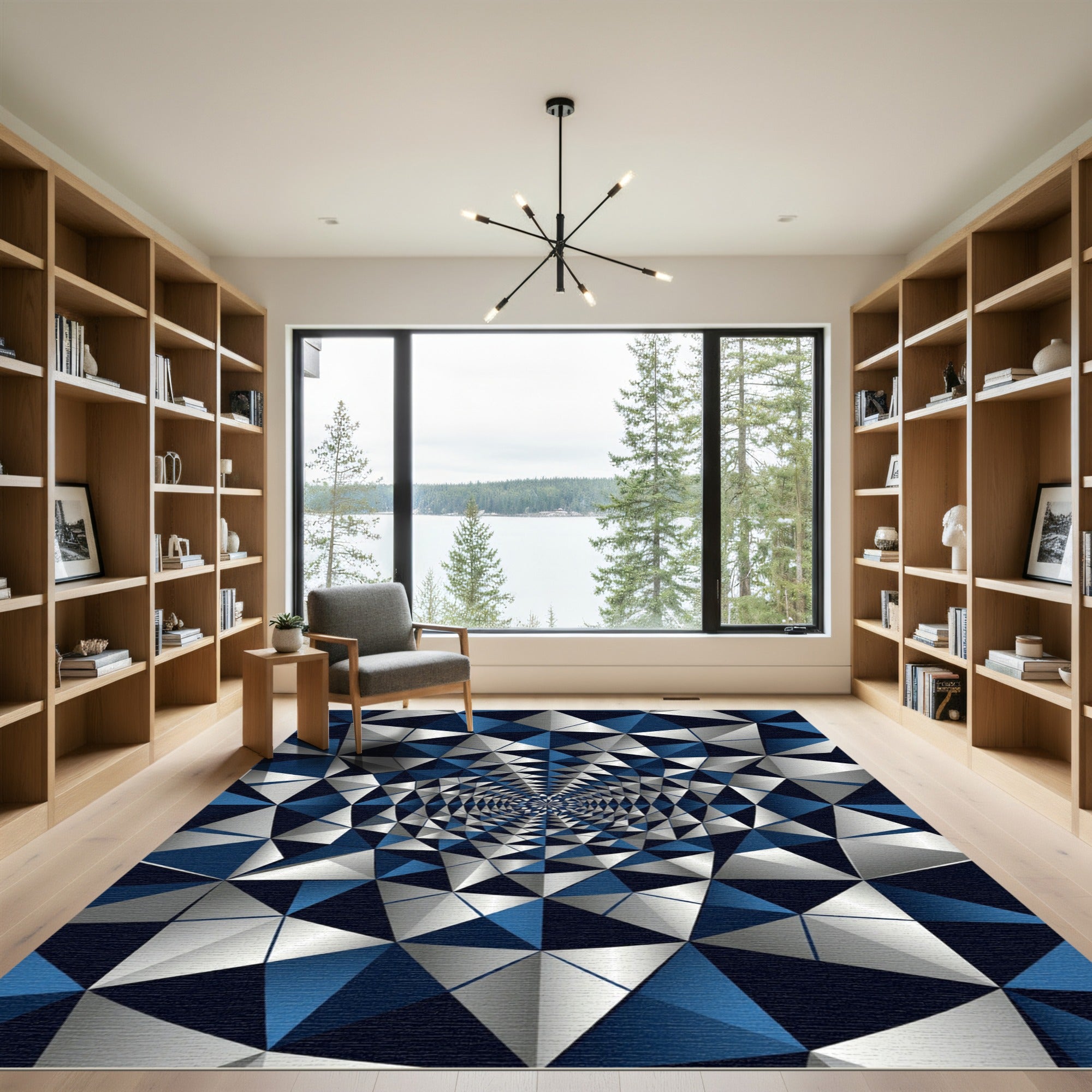 Contemporary Blue Silver Geometric Fractal Rug