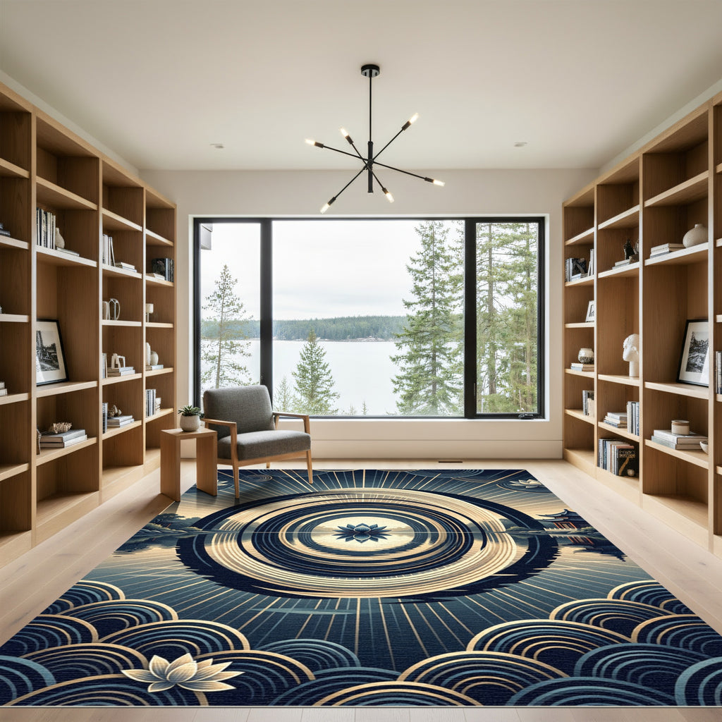 Zen Lotus Circular Gold Navy Art Rug