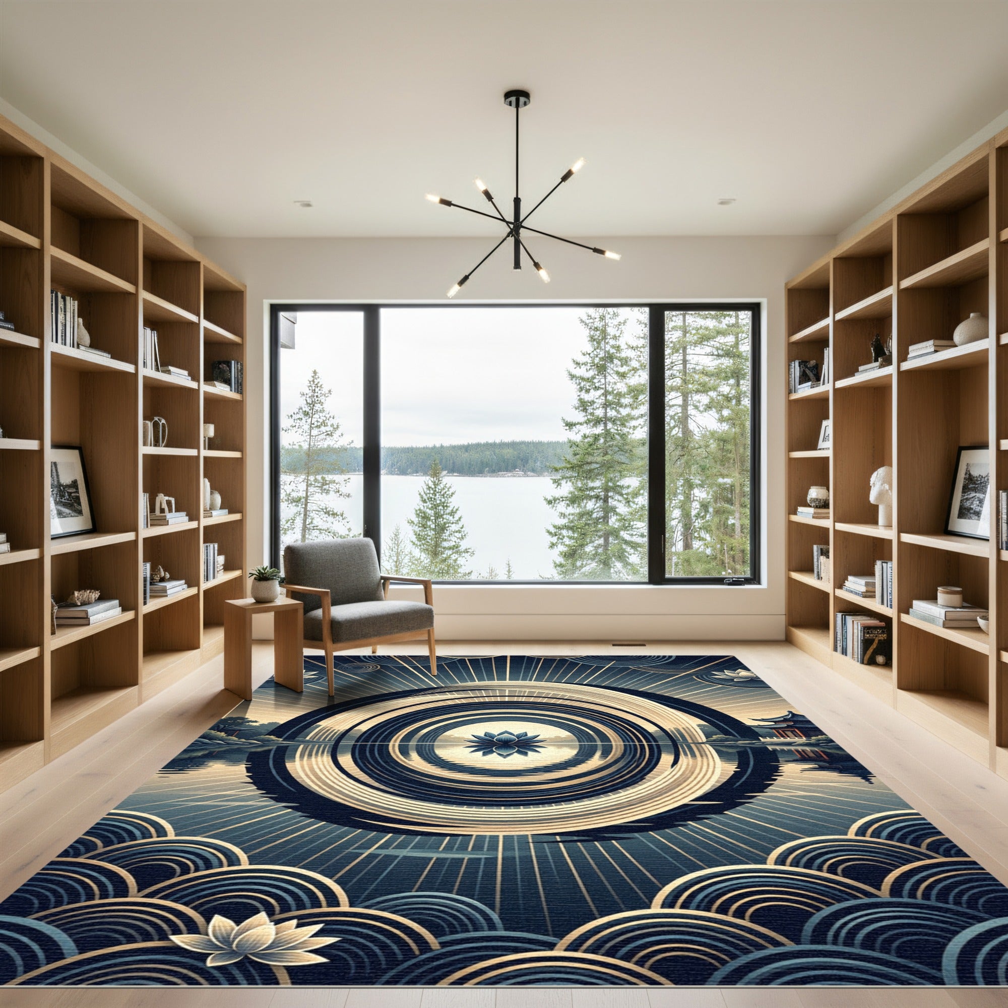 Zen Lotus Circular Gold Navy Art Rug